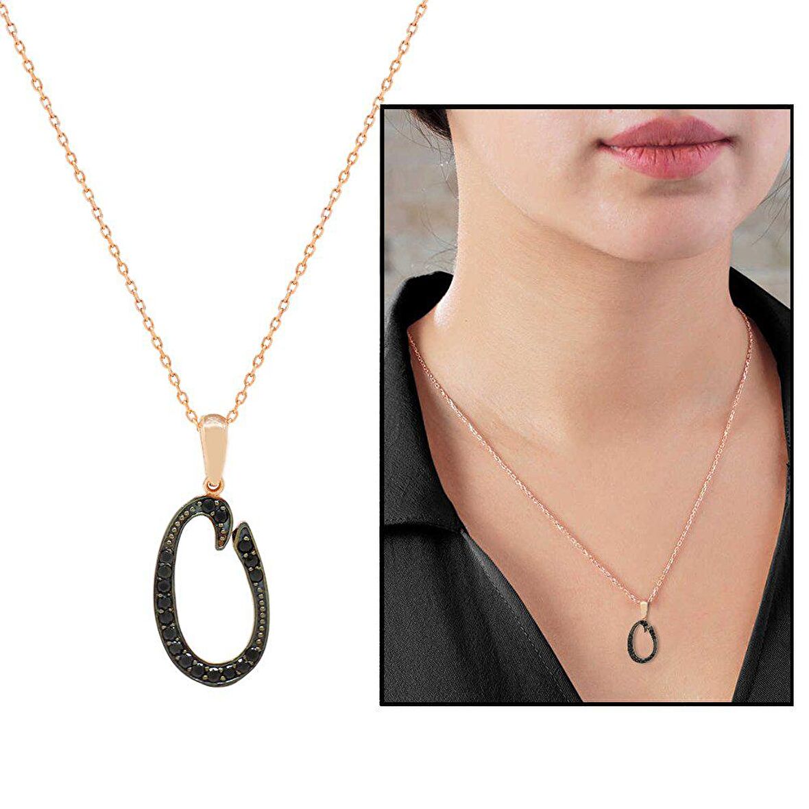 3D Tasarım Siyah Zirkon Taşlı 925 Ayar Gümüş El Yazısı Harf Kolye " O "