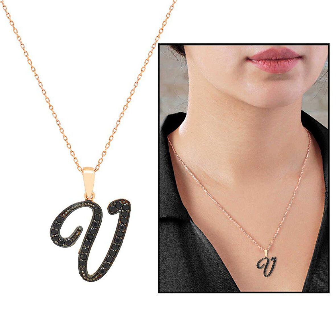 3D Tasarım Siyah Zirkon Taşlı 925 Ayar Gümüş El Yazısı Harf Kolye " V "