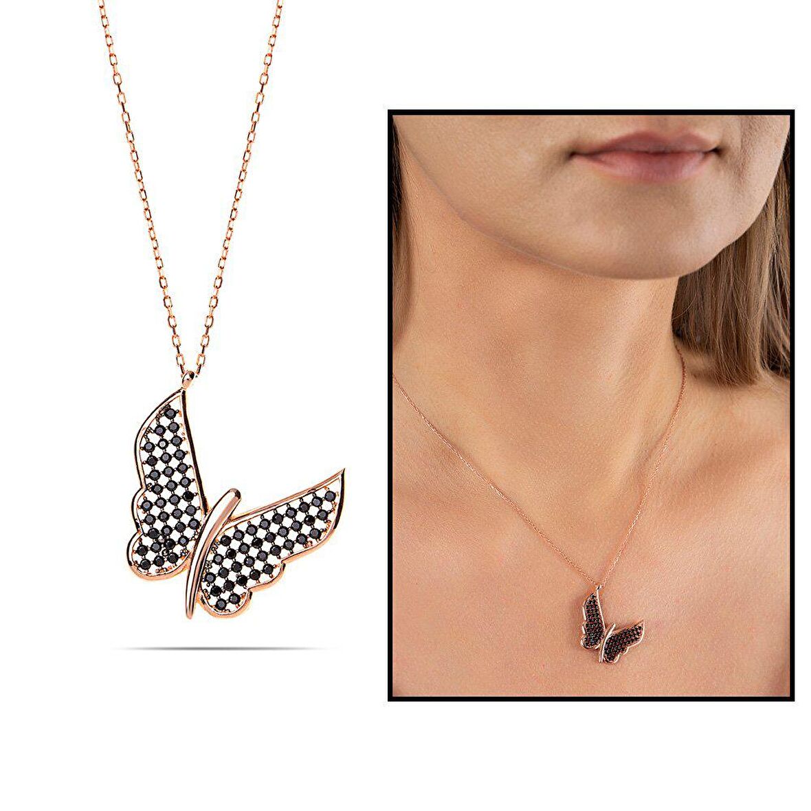 Siyah Zirkon Taşlı Zarif Tasarım Rose Renk 925 Ayar Gümüş Kelebek Kolye