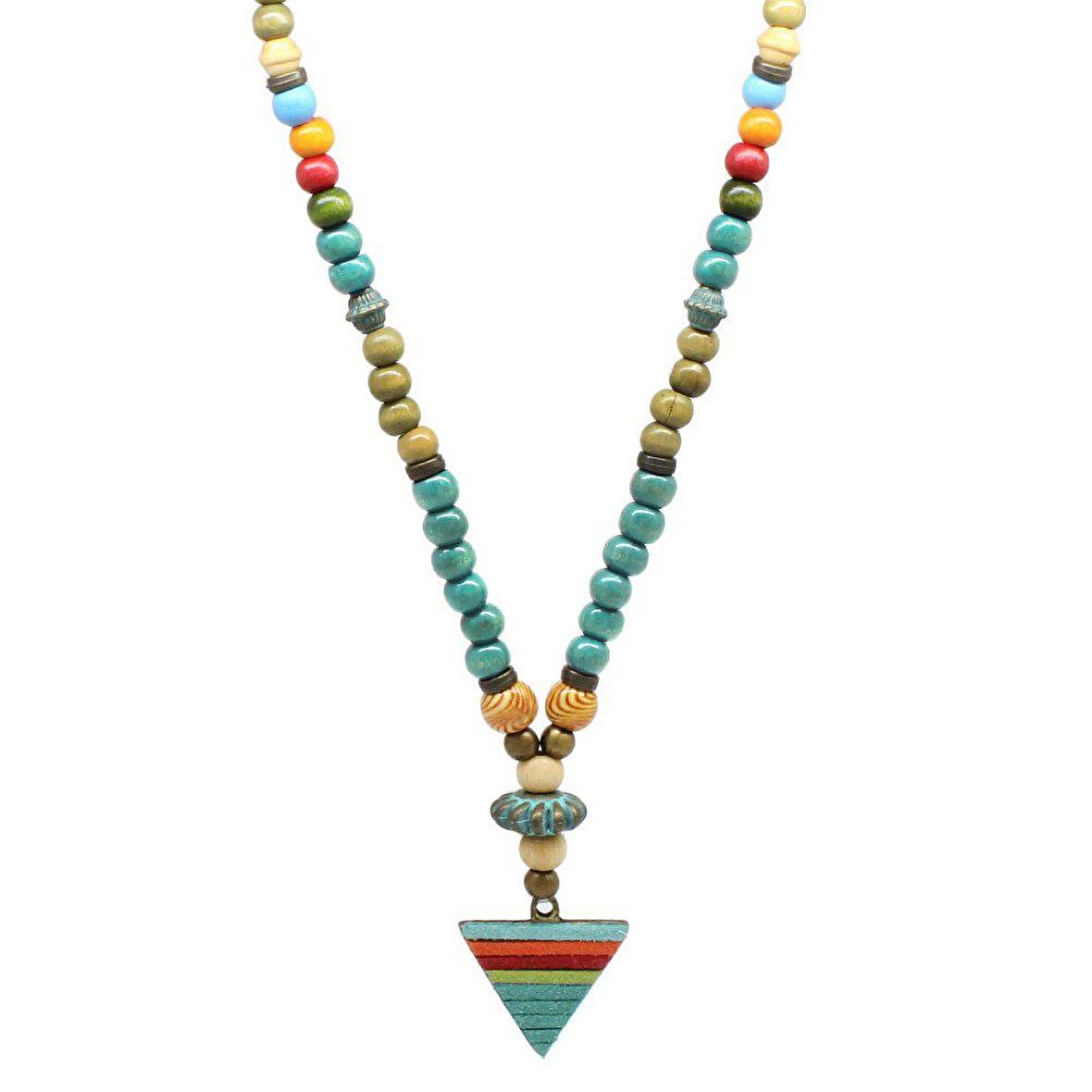 Tesbihane El Yapımı Etnik Ahşap Kombinli Turkuaz Renk Geçişli Mızrak Uçlu Otantik Kolye