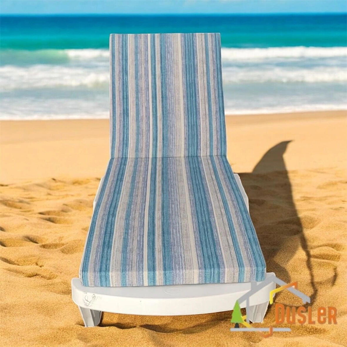 Gri ve Mavi Çizgili Su ve Leke İtici Fermuarlı Bağcıklı Şezlong Minderi