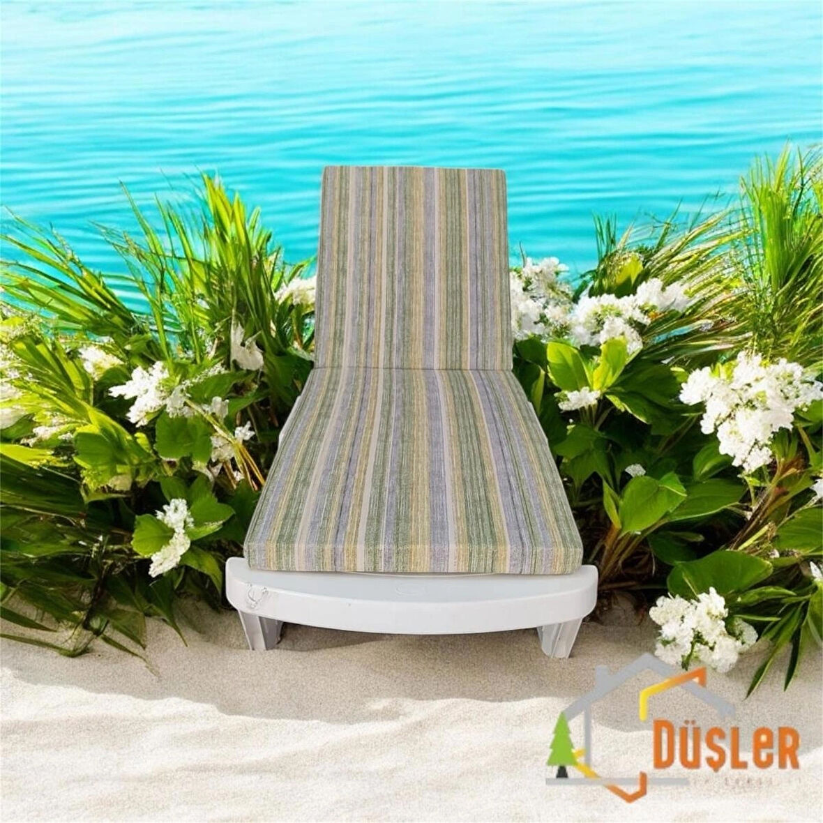 Gri ve Haki Yeşil Çizgili Su ve Leke İtici Fermuarlı Bağcıklı Şezlong Minderi