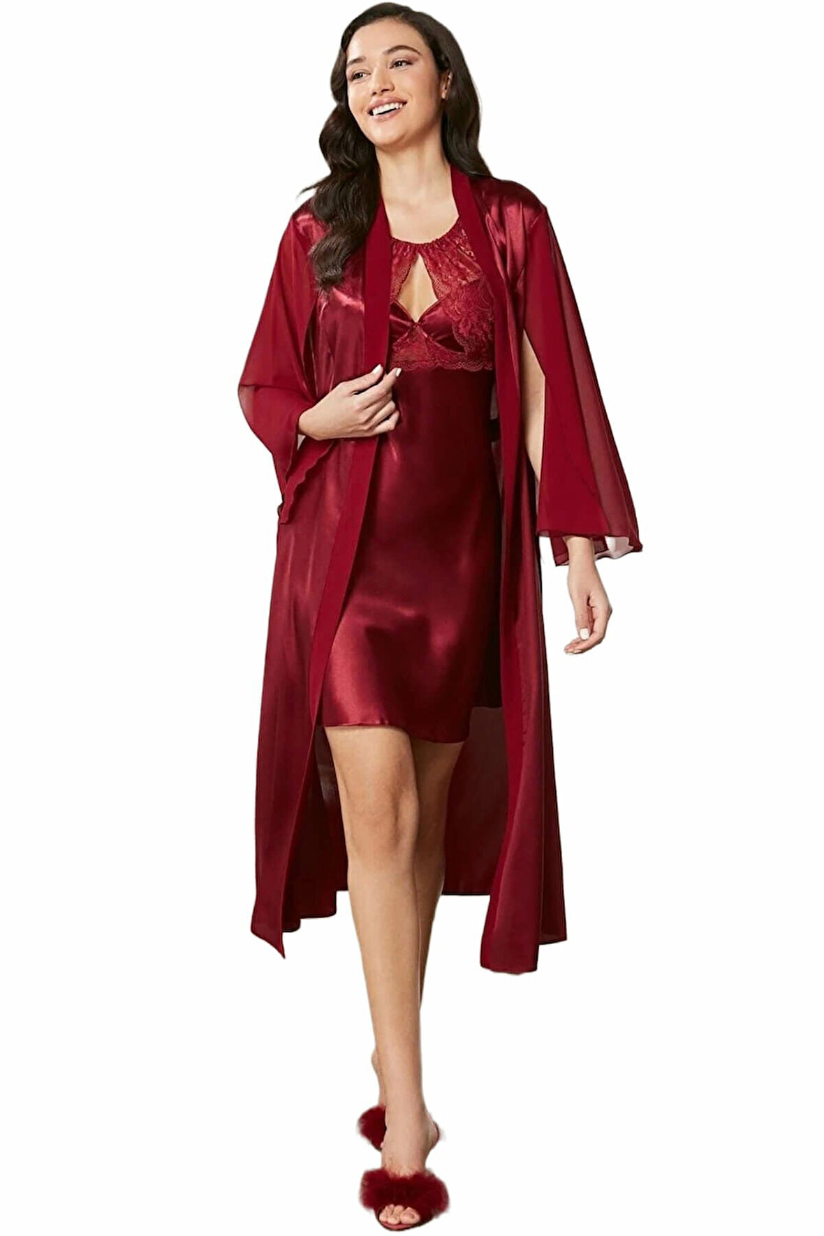 Pierre Cardin Saten Dantelli Gecelik ve Sabahlık Takımı 4375 Bordo