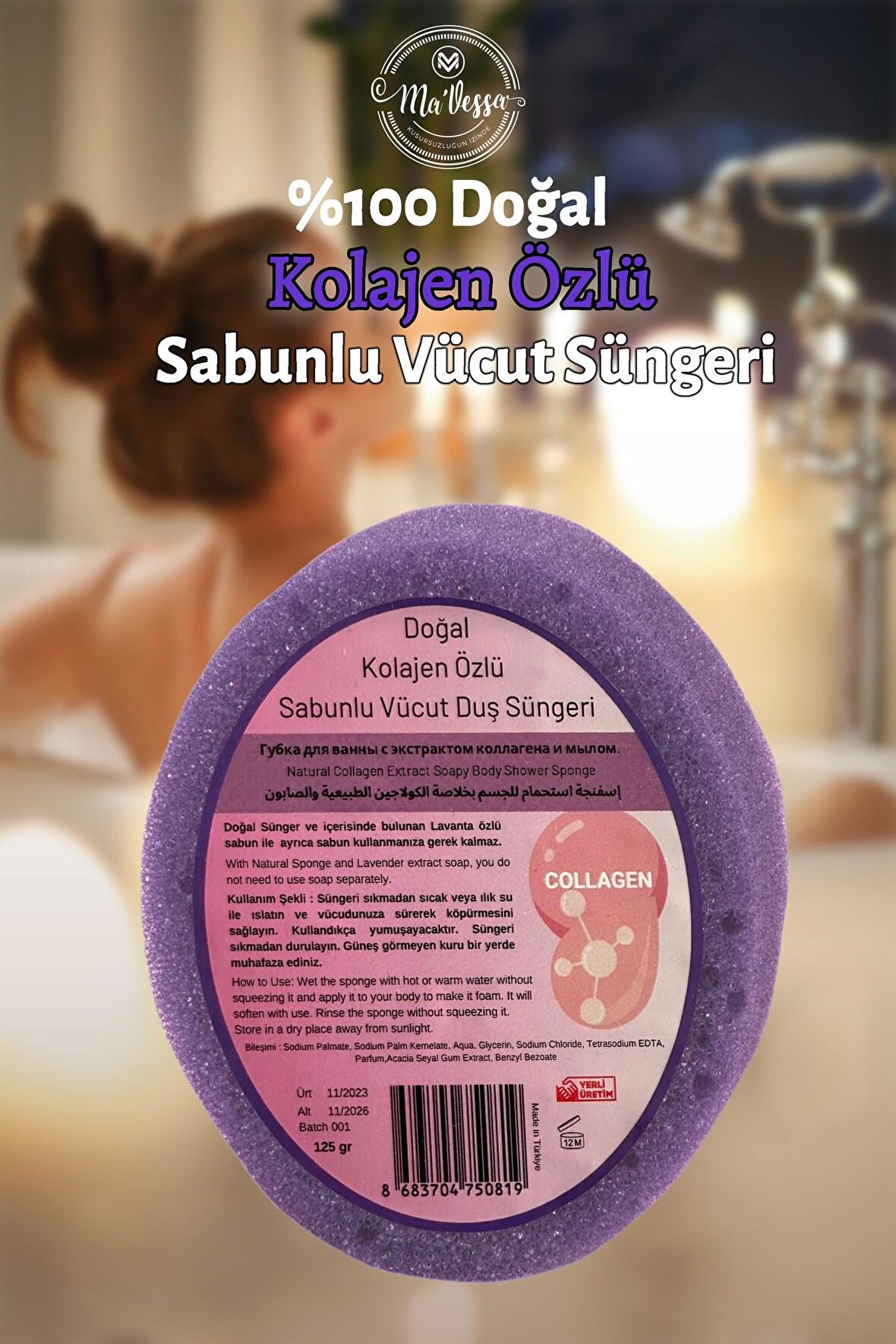 Ma'Vessa Doğal Kolajen Özlü Süngerli Sabun,Kolajen Özlü Sabunlu Vücut Duş Süngeri, Banyo Lifi 125 gr