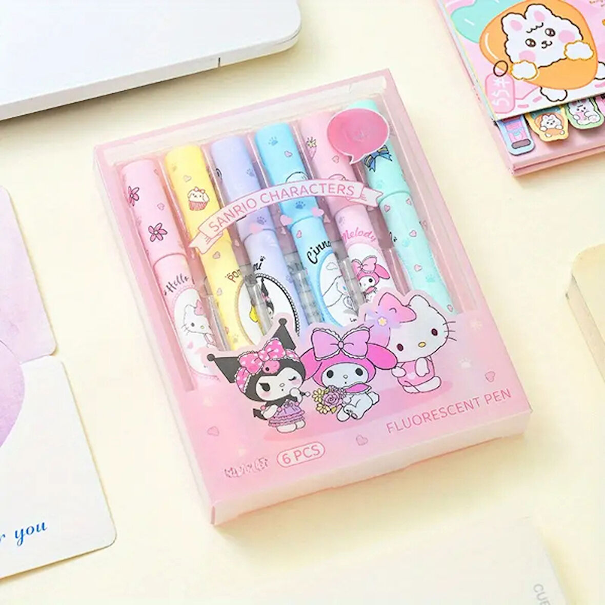 6'lı Fosforlu Kalem Seti - Sanrio Karakterleri, Kuromi, Hello Kitty 