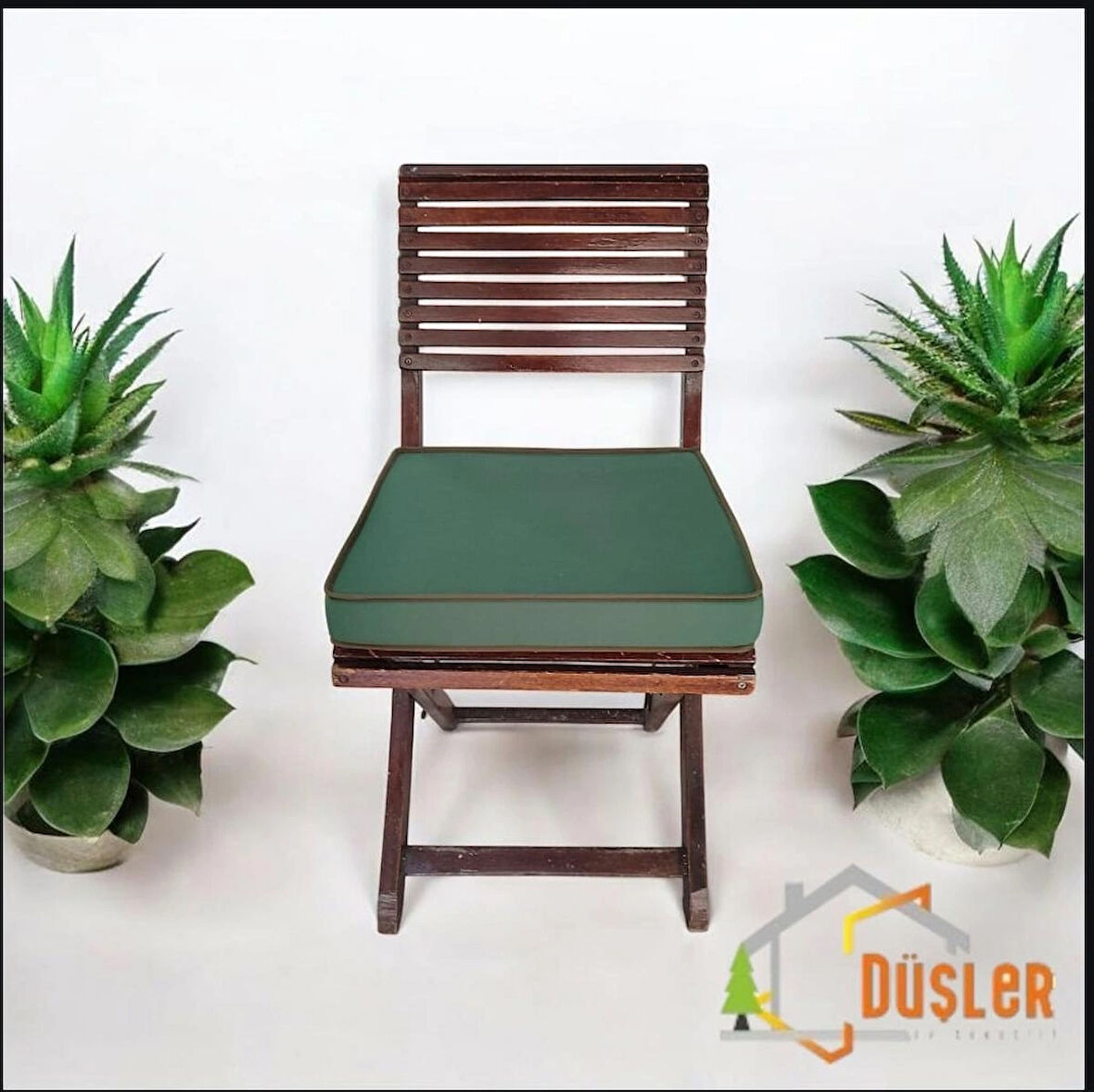 40x40 Haki Yeşil - Yeşil Biyeli Desensiz Su ve Leke İtici Duck Kumaş Fermuarlı Bağcıklı Biyeli Sandalye Minderi 5 cm