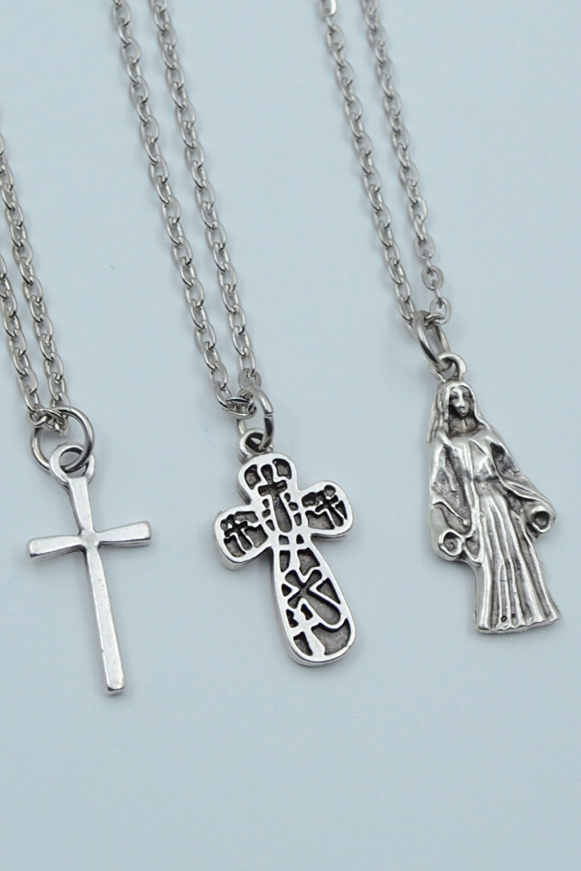 3'lü Minimal Haç Meryem Ana Gümüş Kaplama Kolye Seti