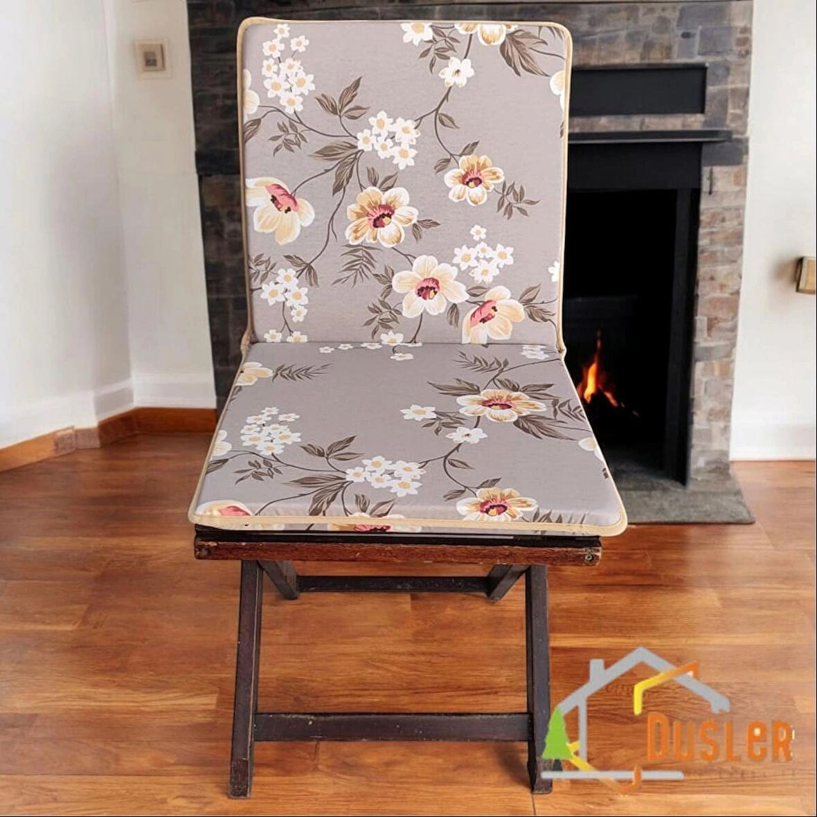 40x80 Çiçek Desenli Açık Kahverengi Saten Fermuarlı Bağcıklı Biyeli Sırtlı Sandalye Minderi 3 cm