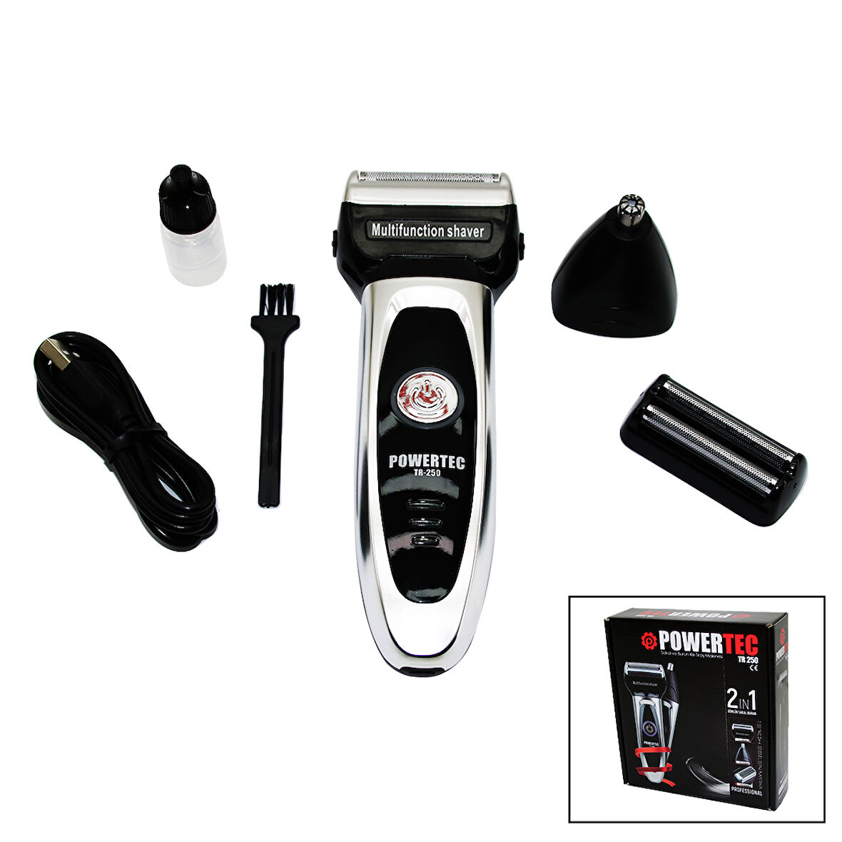 POWERTEC TR-2502IN1SIFIR SAKAL+TÜY ALMA BAŞLIK+SAKAL ÇİZME BIÇAKLI YEDEK BIÇAKLI - USB ŞARJLI TRAŞ MAKİNESİ 