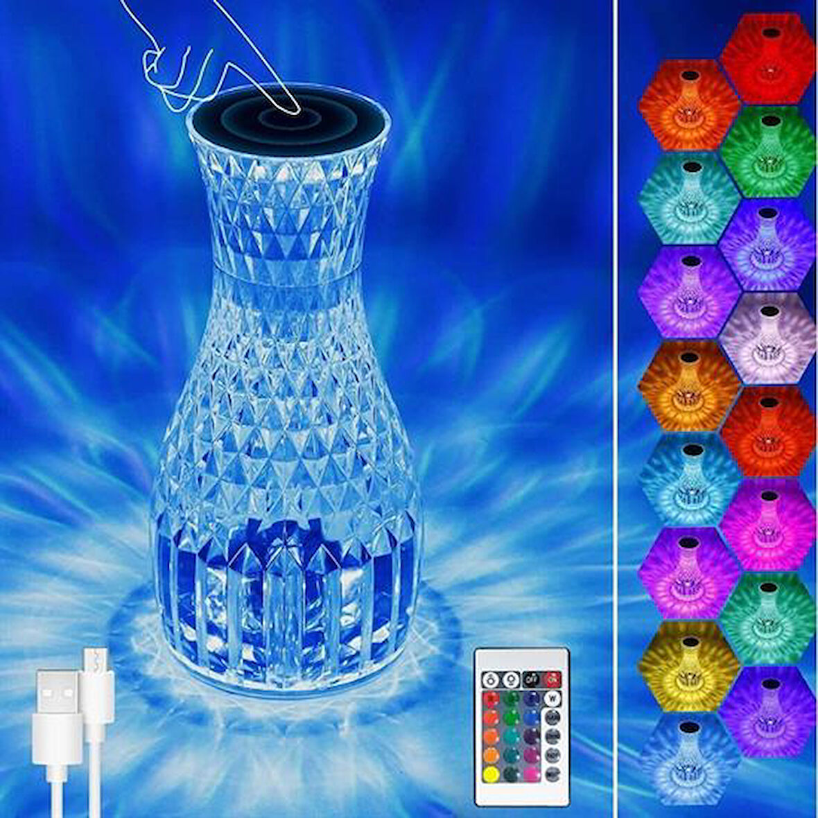 Sürahi Model USB Şarjlı Kumandalı 16 Farklı Işık Modlu Masa Üstü Kristal Akrilik Lamba Led 