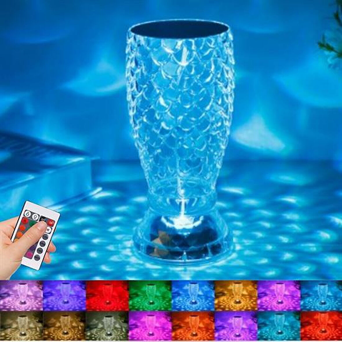 Balık Süzgeç Model USB Şarjlı Kumandalı 16Farklı Işık Modlu Masa Üstü Kristal Akrilik Led 
