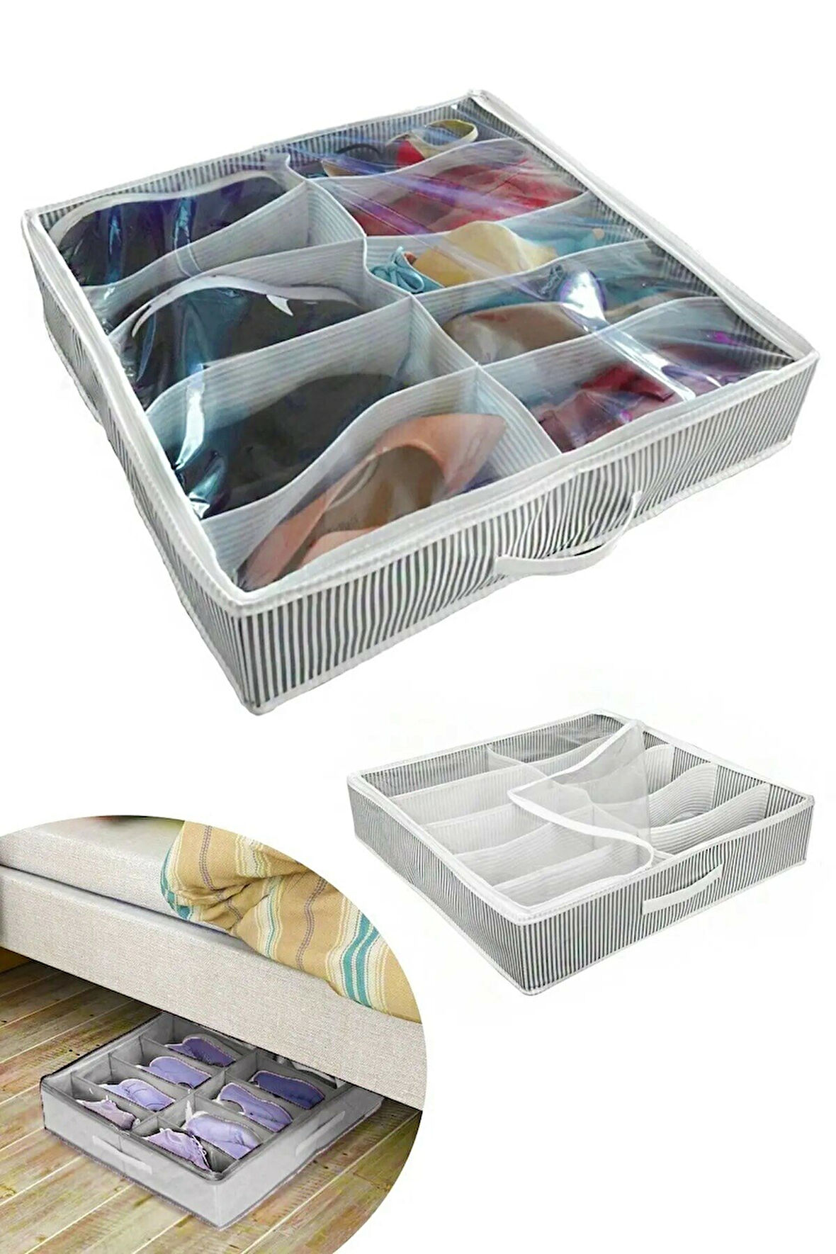 Ayakkabı Saklama Çantası 10 Bölmeli Shoes Under Ayakkabı Hurcu - Siyah Beyaz 
