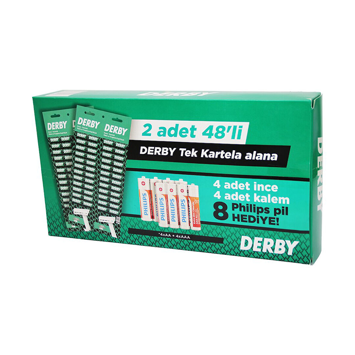 DERBY TEK BIÇAK KARTELALI JİLET 96 PARÇA 4 KALEM 4 İNCE PİL HEDİYELİ 