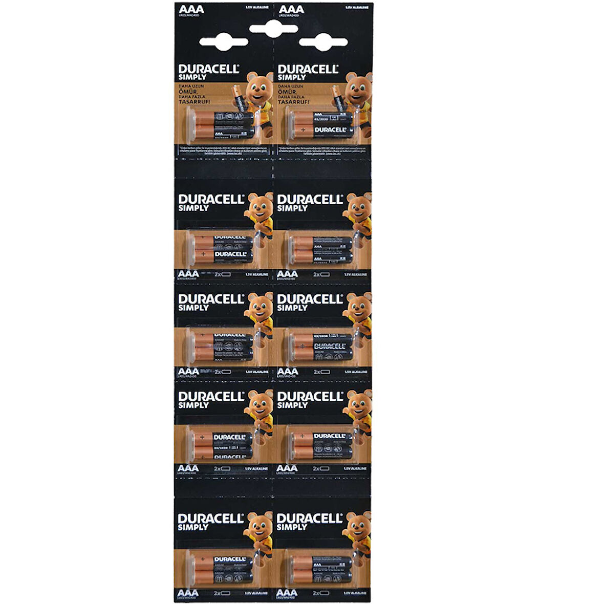 DURACELL LR03/MN2400 1.5V ALKALİN AAA İNCE KALEM PİL 20Lİ KARTELA PAKET FİYAT (2Lİ YIRTMALI) 