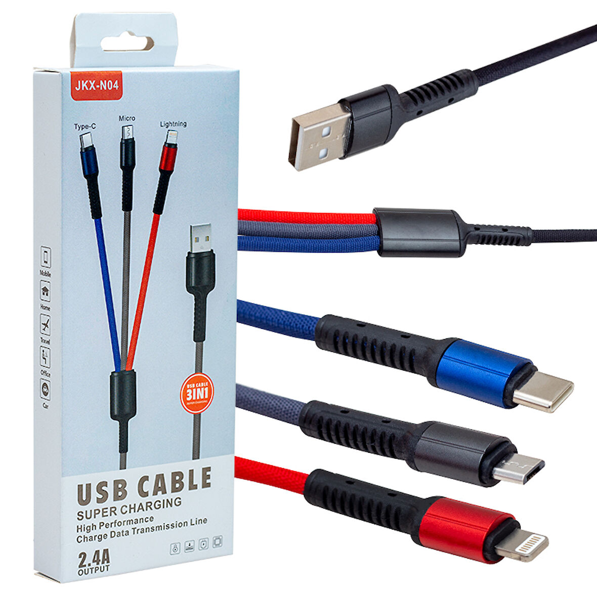 JKX-44 USB TO MICRO USB TYPE-C LIGHTNING 3LÜ 2.4 AMPER SARJ KABLOSU 