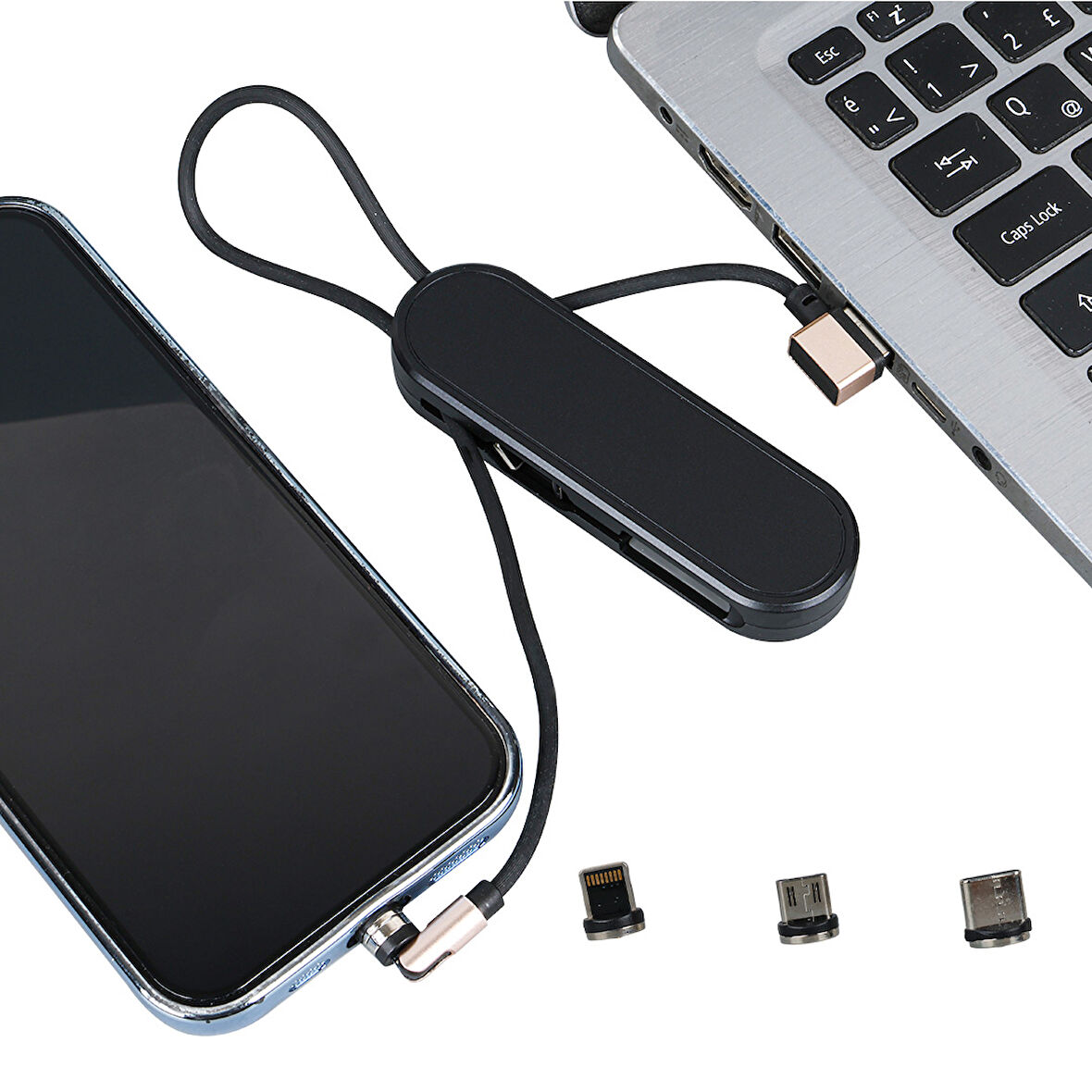 SİYAH 3İN1 (TYPE C- LİGHTNİNG- MİCRO USB) MANYETİK UÇ TAŞINABİLİR ŞARJ KABLOSU 