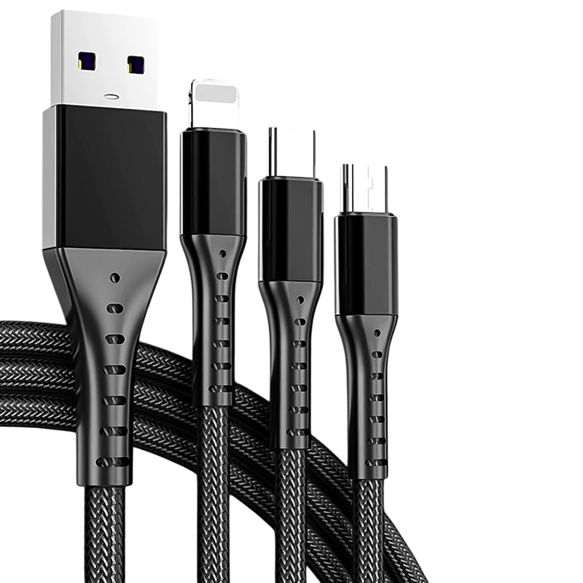 3IN1 SİYAH 1.2 METRE (MICRO USB - LIGHTNING - TYPE C) TELEFON ŞARJ KABLOSU 