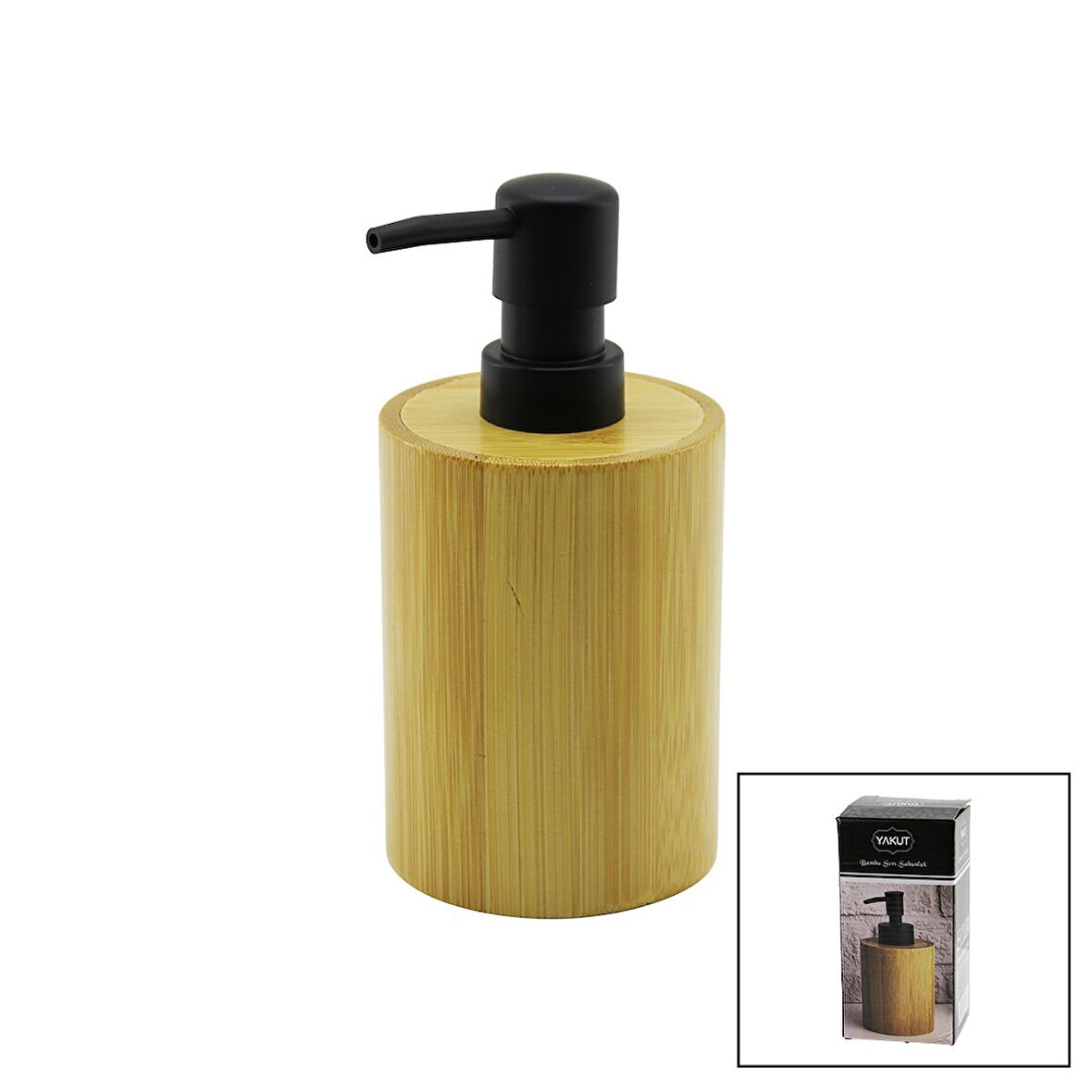 YUVARLAK  AHŞAP BAMBU SIVI SABUNLUK  SİYAH PLASTİK POMPA   ÇAP: 8CM - Y: 11CM 