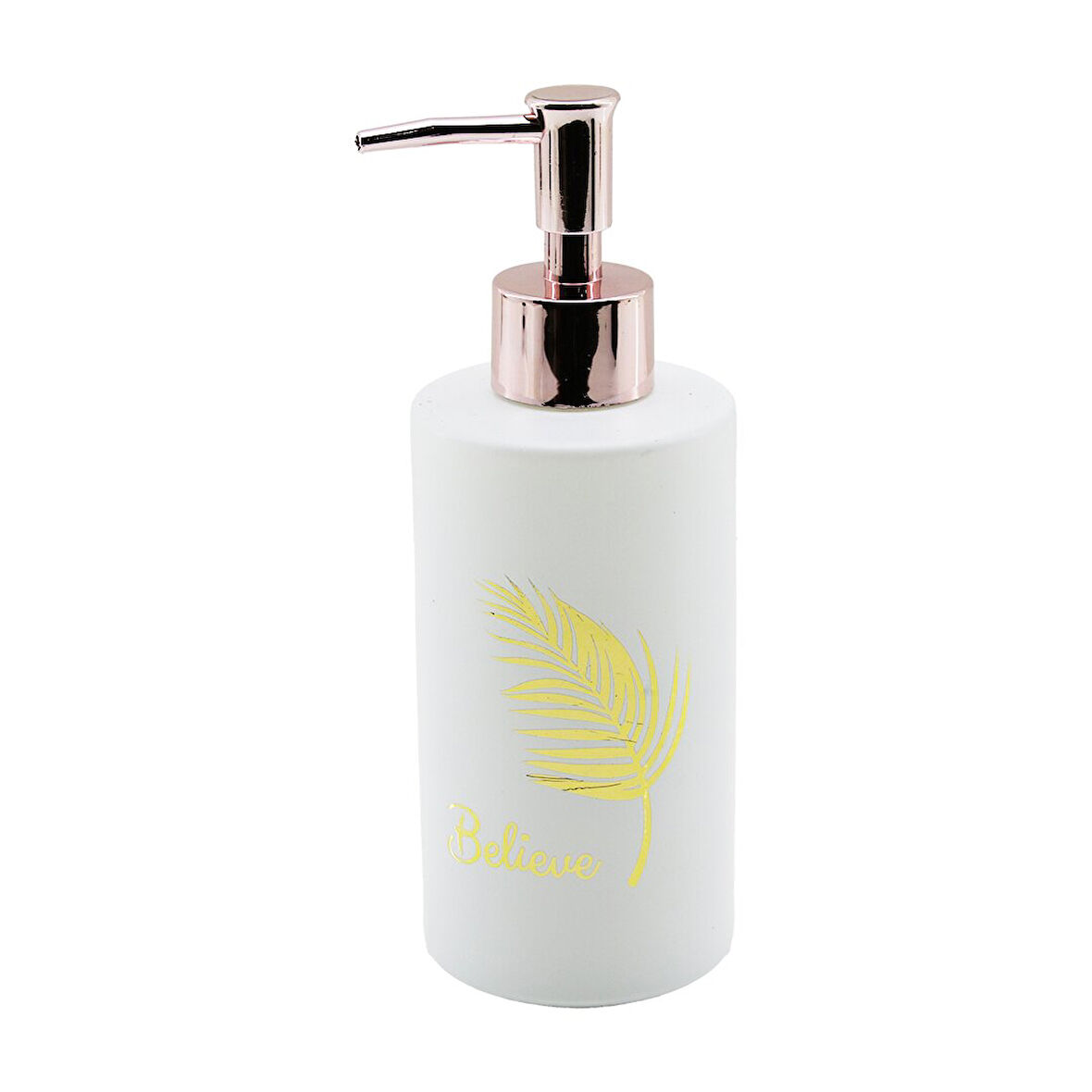 CAM  YUVARLAK - BEYAZ ŞİŞE--GOLD YAPRAK DESEN SIVI SABUNLUK 350ML BRONZ PLASTİK POMPA 