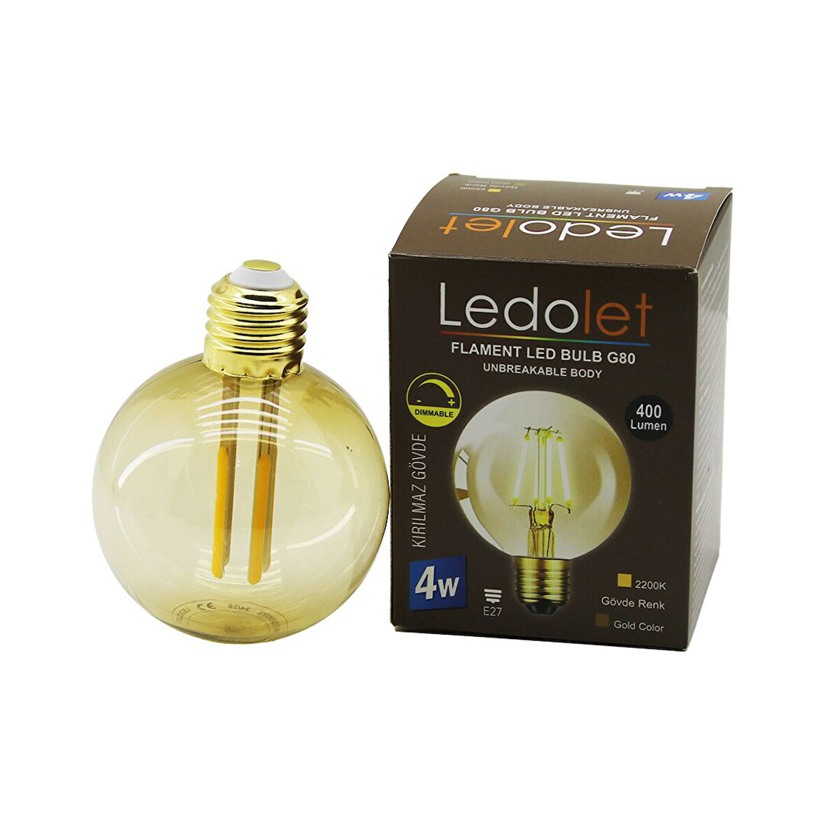 G-95  4W - E27   GOLD COLOR  FLAMENT RUSTİK AMPUL  400LUMEN - 2200K  KIRILMAZ GÖVDE 