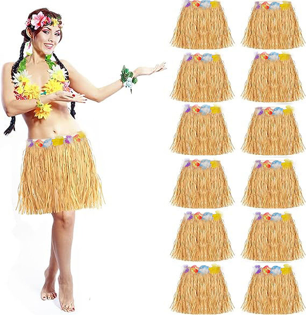 Yetişkin ve Çocuk Uyumlu Saman Renk Hawaii Luau Hula Etek 40 cm 12 Adet 