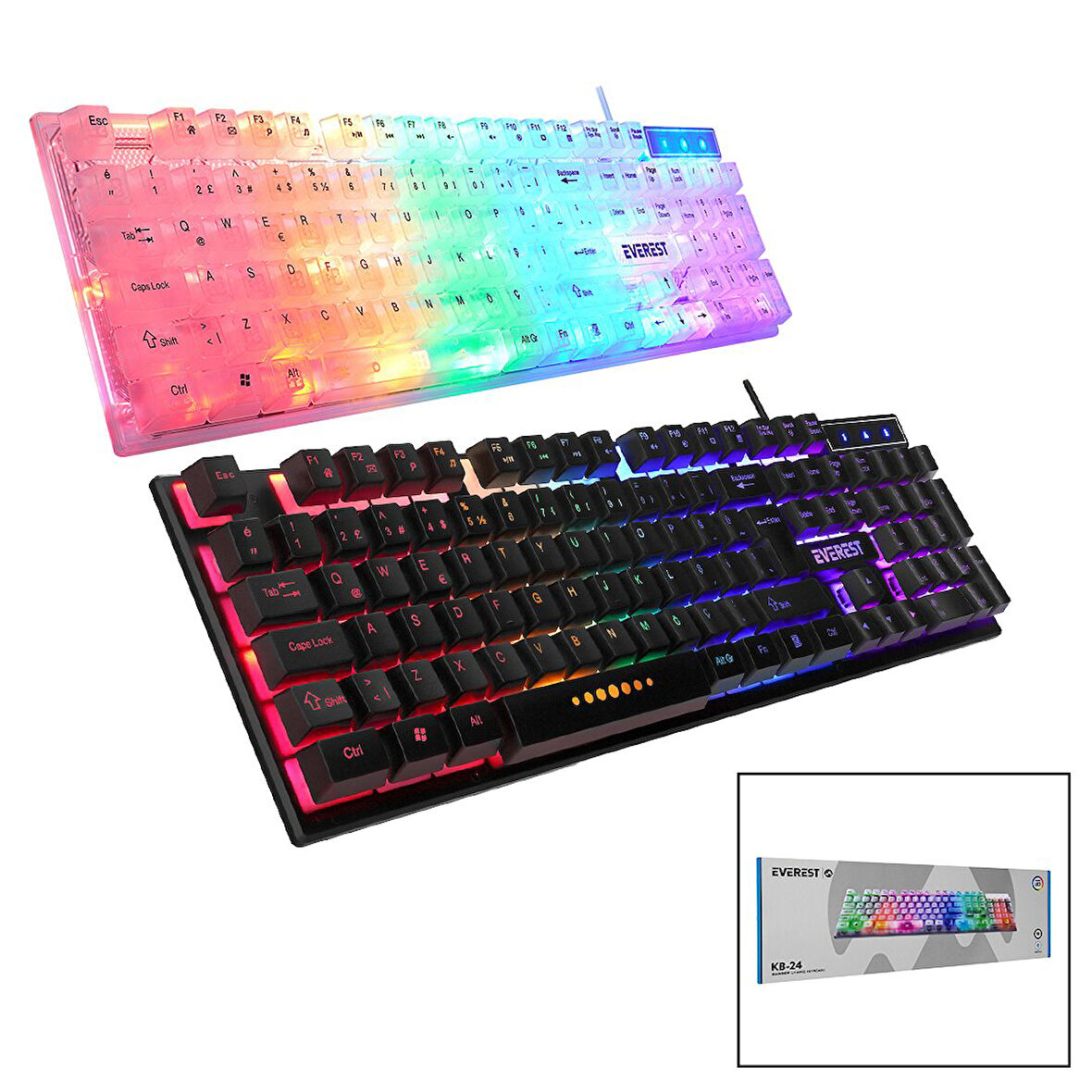 EVEREST KB-24  GÖKKUŞAĞI IŞIKLI   USB KABLOLU  OYUNCU KLAVYE  155CM KABLO (4727)