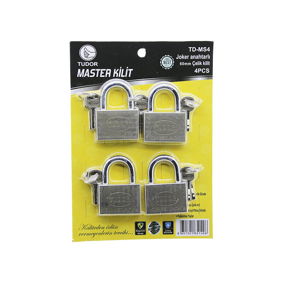 TUDOR TD-MS4 MASTER 4PCS JOKER ANAHTARLI=TEK ANAHTARLA 4 KİLİT AÇ  60MM - GRİ KISA KANCALI ÇELİK ASMA KİLİT (4727)