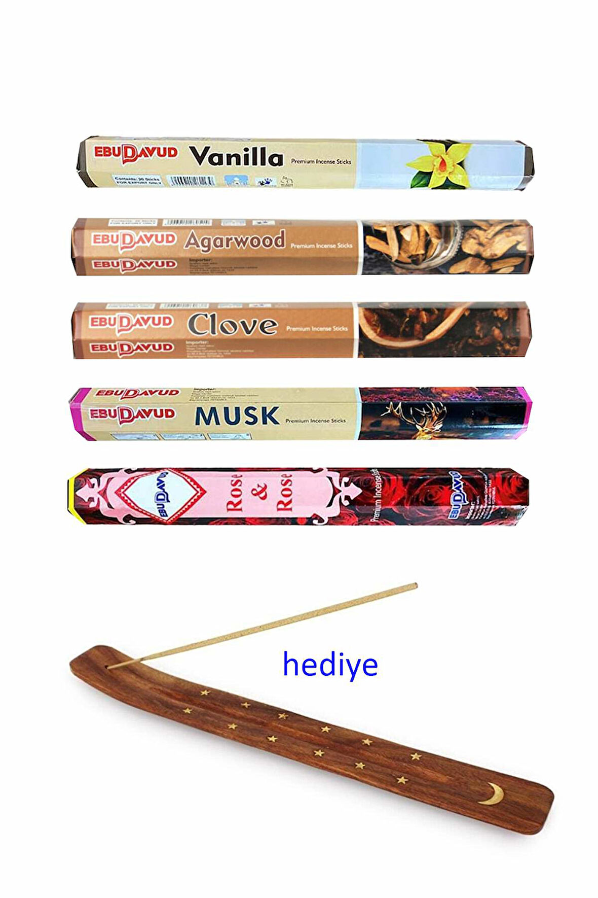 5 Paket 20 Çubuklu Tütsü Vanilla - Musk - Clove - Wood - Red- Kayık Hediyeli
