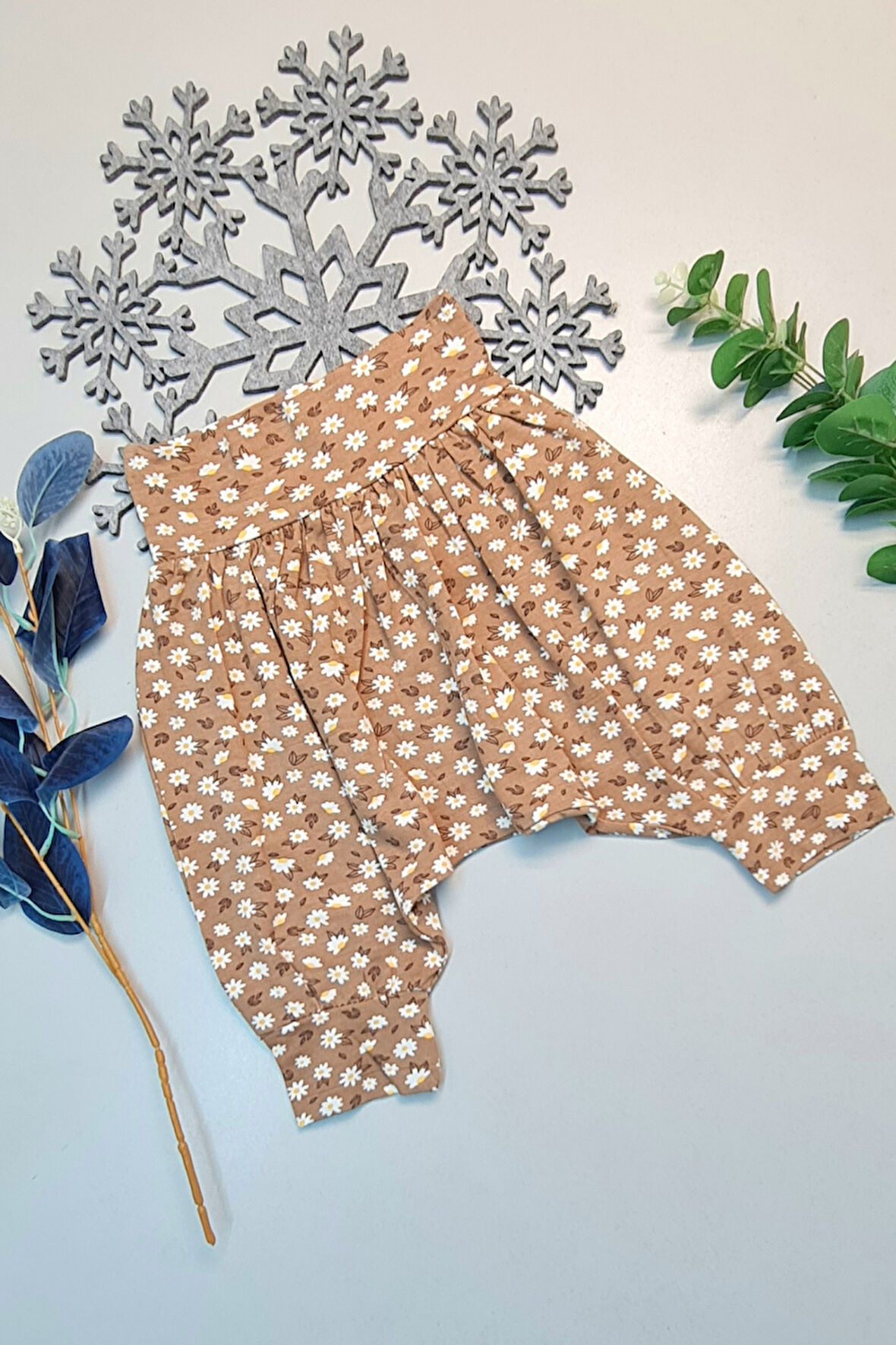 Bebek Çocuk Yazlık  Hediyelik Retro %100 Pamuk Şalvar Papatya  Baskılı Kahve 