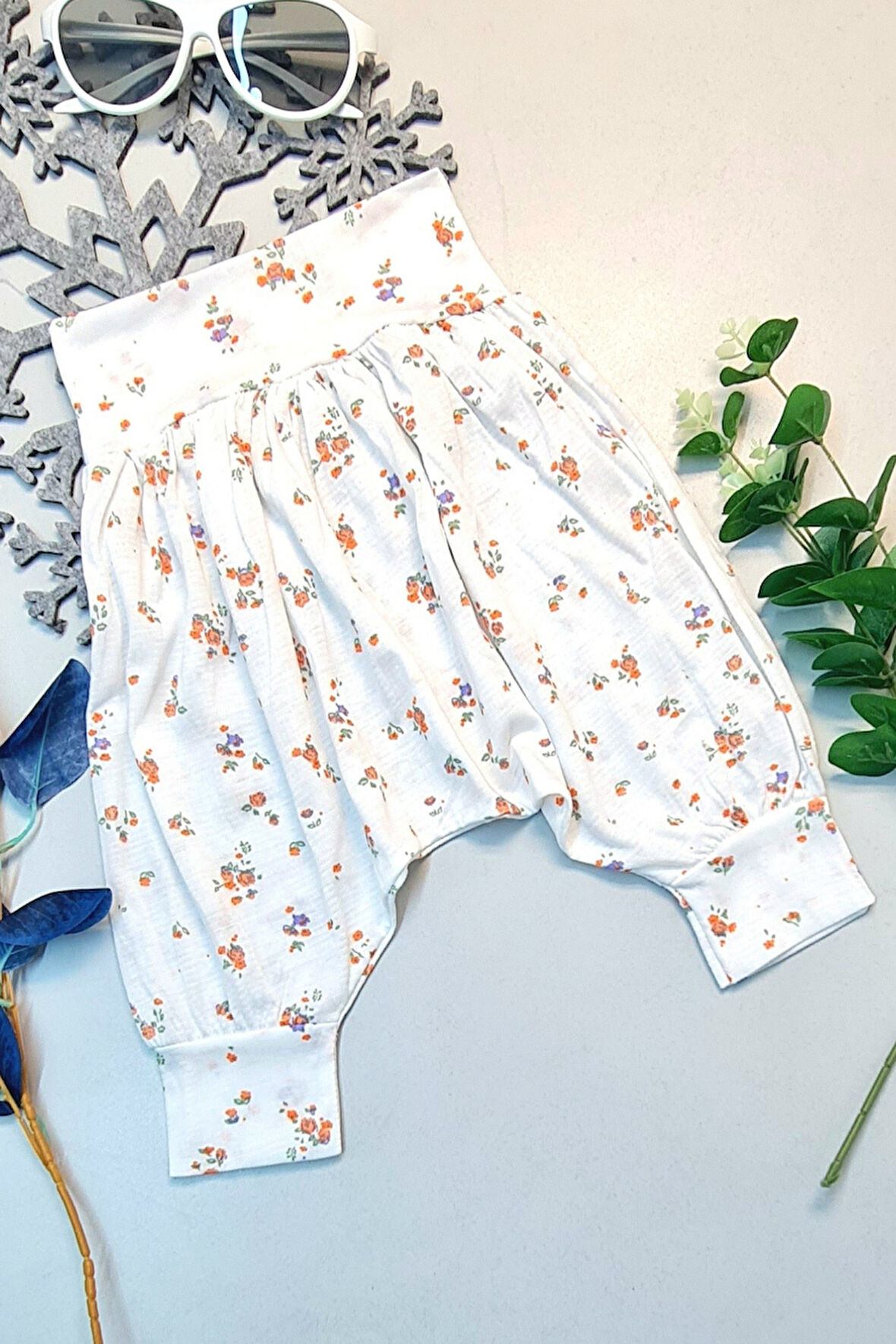Bebek Çocuk Yazlık  Hediyelik Retro %100 Pamuk ŞalvarTuruncu Beyaz Çiçekli 