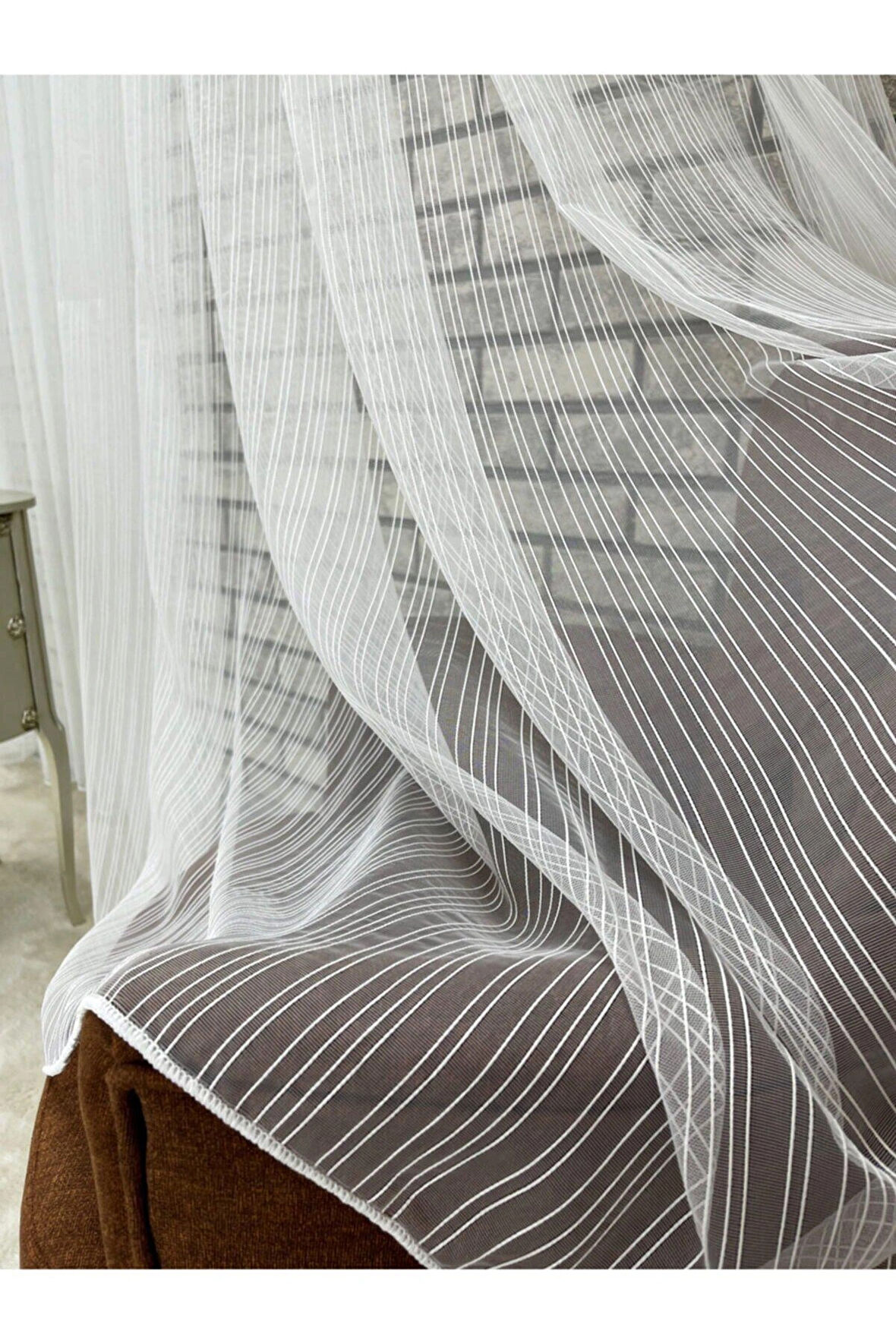 Zincir Çizgili Tül Perde 1/3 Sık Pileli - Dökümlü - EnxBoy Seçenekli