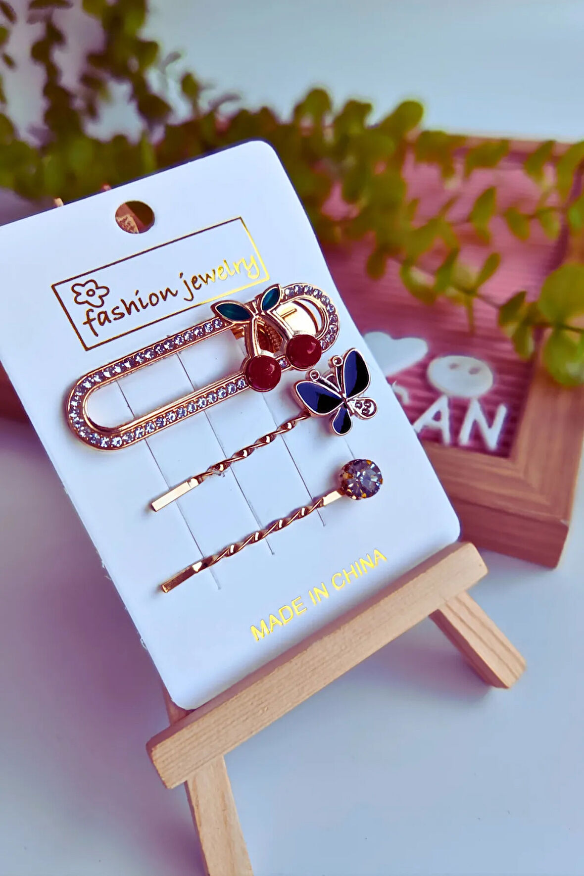 Kiraz Figürlü Kristal Taşlı Metal Pens Yan Toka 2'li Paket