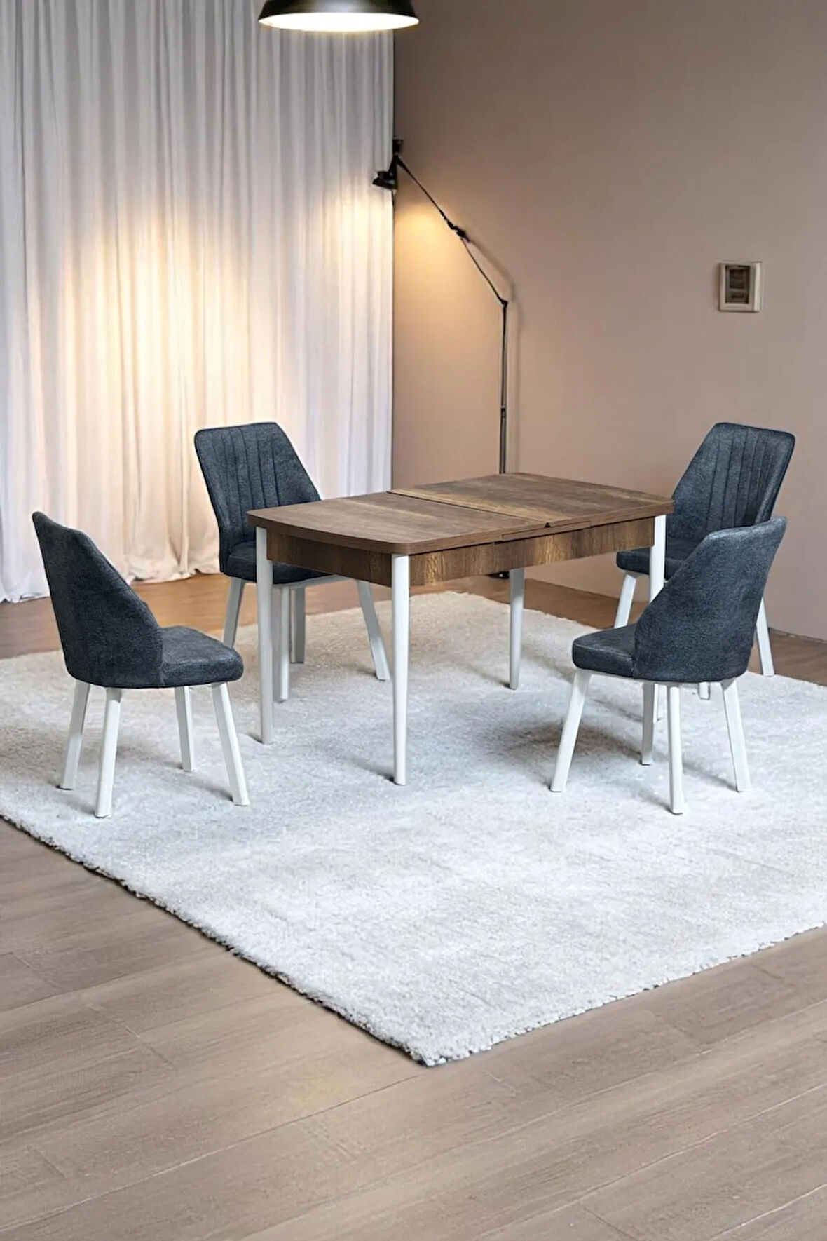 Florn Ceviz 80 x 132 Açılabilen Sunta Masa Metal Ayaklı Mutfak Masası Takımı 4 Kot Füme Sandalye