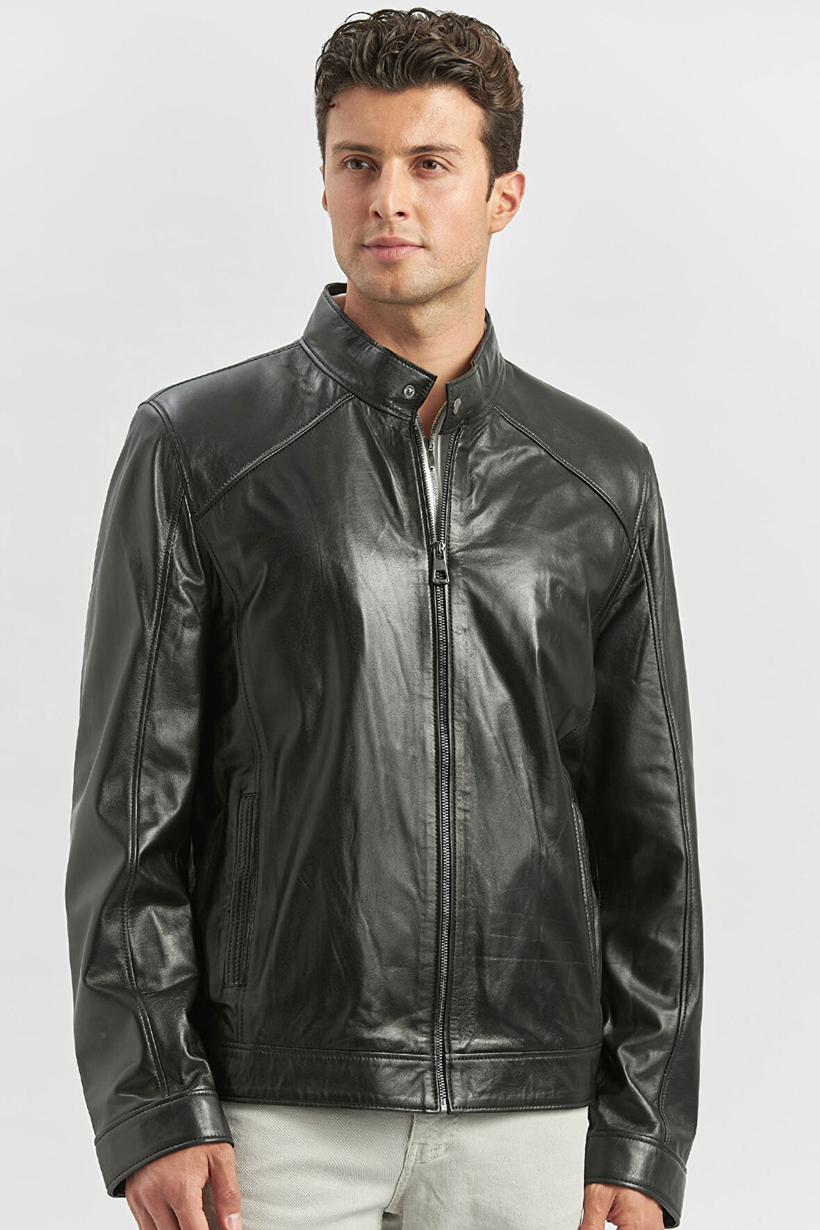 Siyah Hakiki Deri Dik Yaka Astarlı Slim Fit Dar Kesim Casual Deri Mont 1038235153