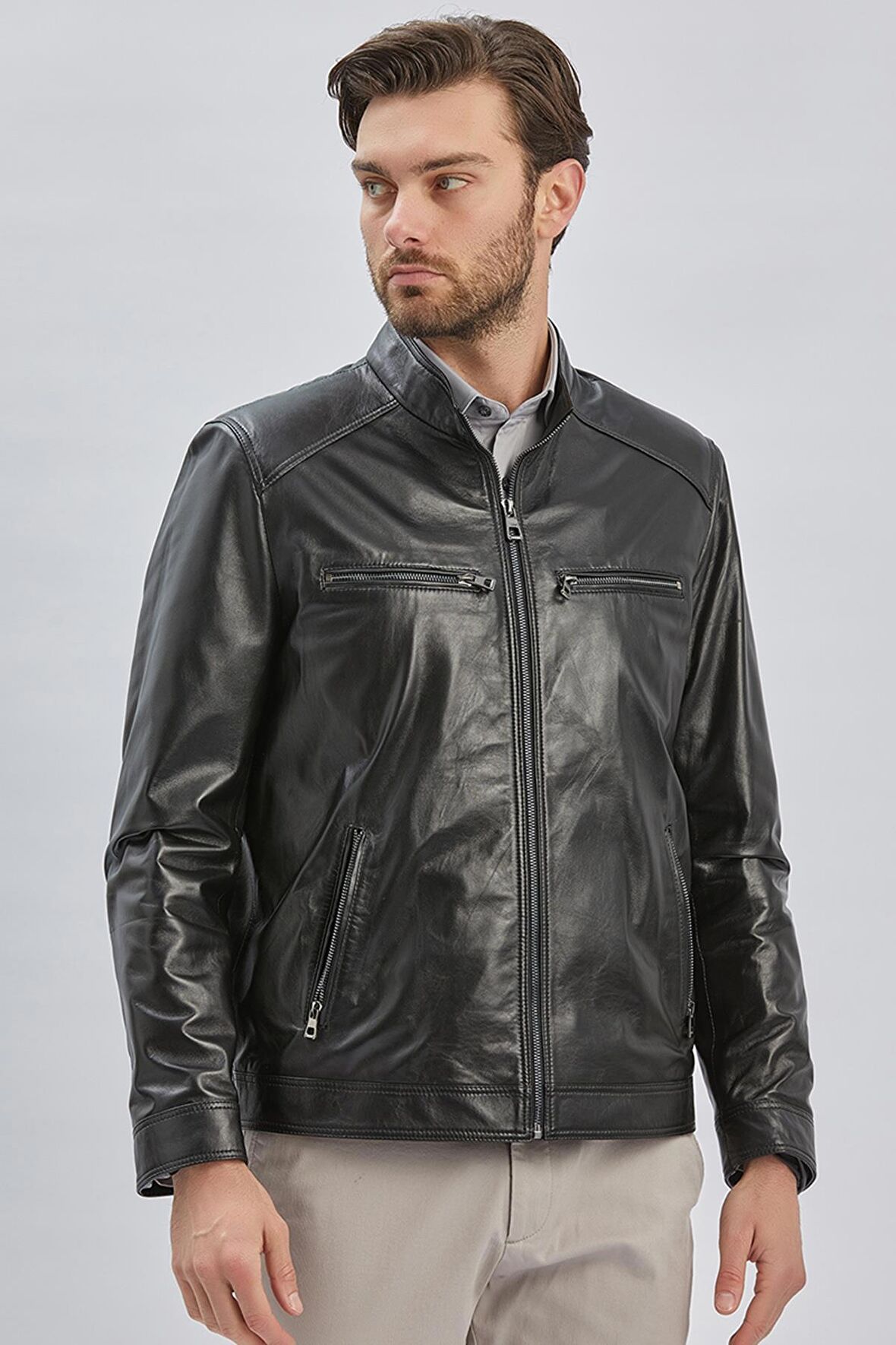 Siyah Hakiki Deri Dik Yaka Astarlı Slim Fit Dar Kesim Casual Deri Mont 1038235155