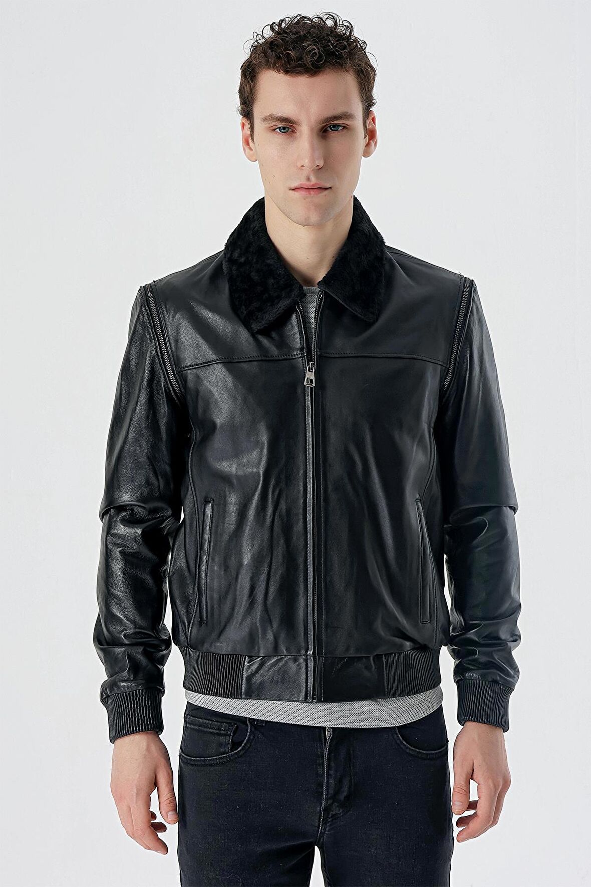 Siyah Gömlek Yaka Hakiki Deri Comfort Fit Rahat Kesim Casual Mont 1038235208