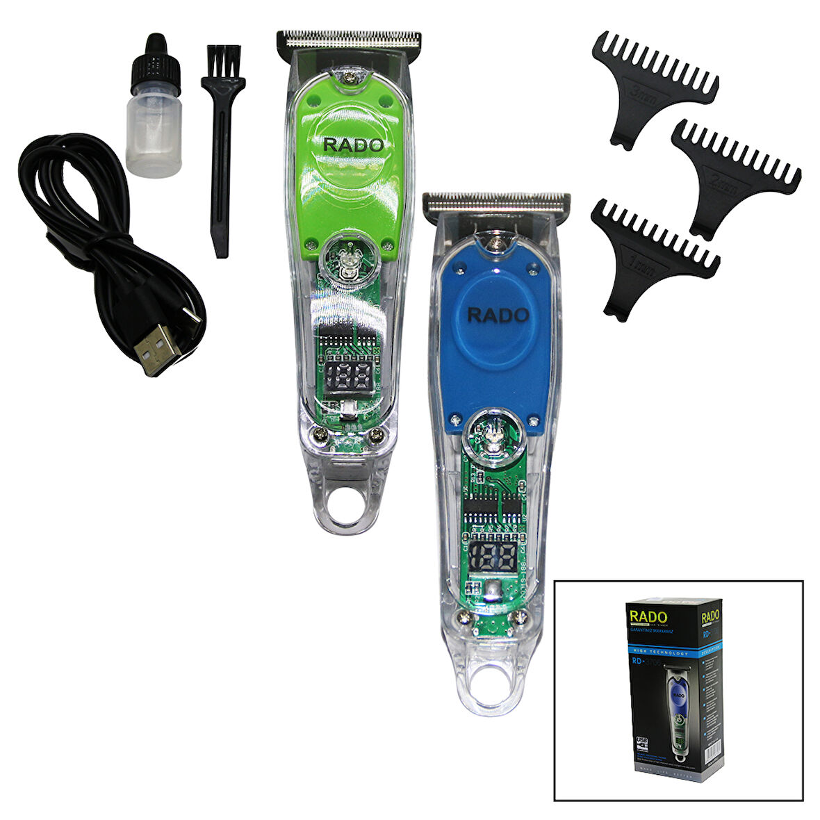 ŞEFFAF GÖVDE 2 KADEMELİ TURBO - LED GÖSTERGELİ USB ŞARJLI SAÇ SAKAL TRAŞ MAKİNESİ RD-3706  GO50602804830
