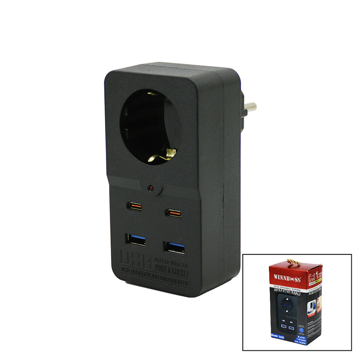TERMAL AKIM KORUMALI  1XPRİZ 2X USB 2X TYPE-C DUVAR TİPİ PRİZ SİYAH 10A - 2500W  GO50601308360