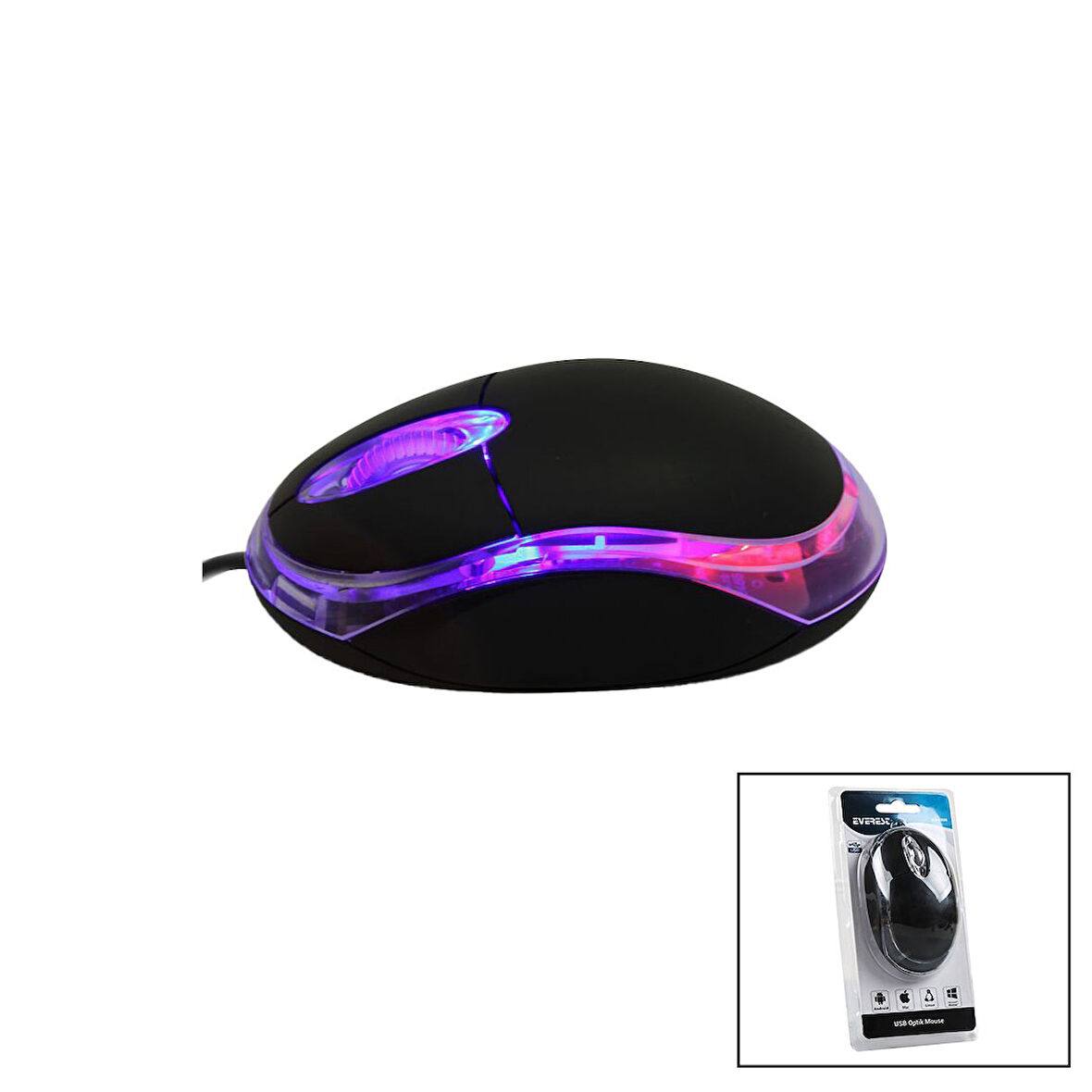 EVEREST KM-6809  KABLOLU USB - IŞIKLI  SİYAH OPTİK MOUSE  1200 DPI   VAKUMLU AMBALAJ  110CM KABLO (5060)