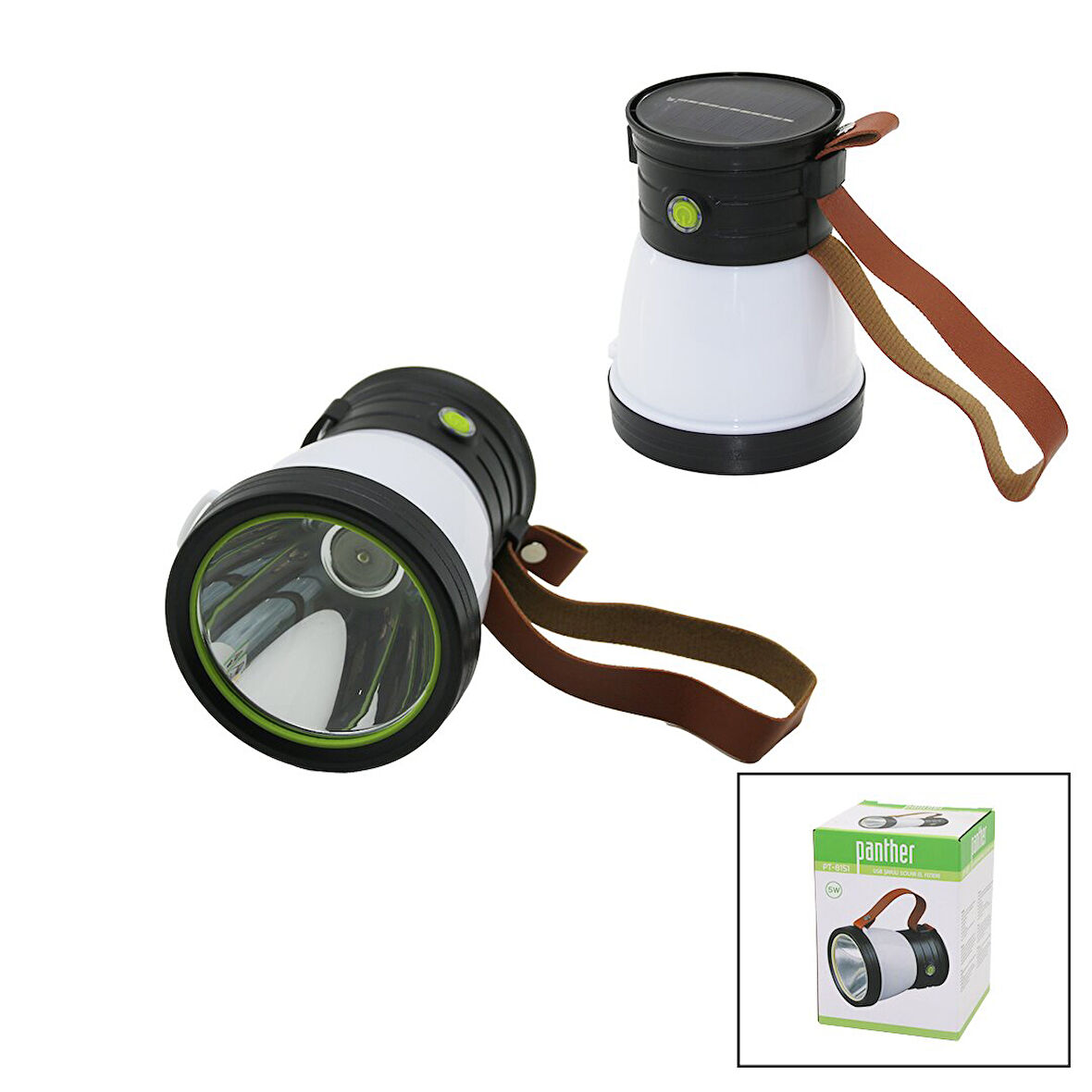 2İN 15W+360°SMDEL FENERİ SOLAR- USB ŞARJ POWERBANK 500LM IŞIK AYARI FLAŞÖR SUNİ DERİ KULP PT-8151 (5060)