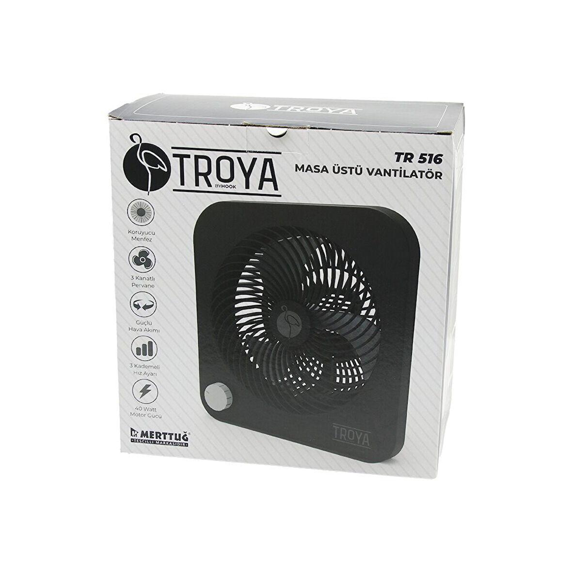 MASA ÜSTÜ VANTİLATÖR FAN=22CM 3 KADEME HIZ 40W  3 PERVANE  SİYAH PLS.STAND=28X27X13CM TR-516 (5060)
