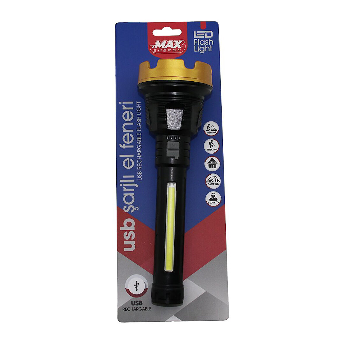 BÜYÜK=24CM 2İN1= OSL LED - COB LED USB ŞARJLI EL FENERİ 3-KADEME IŞIK - FLAŞÖR ŞARJ GÖSTERGE (5060)