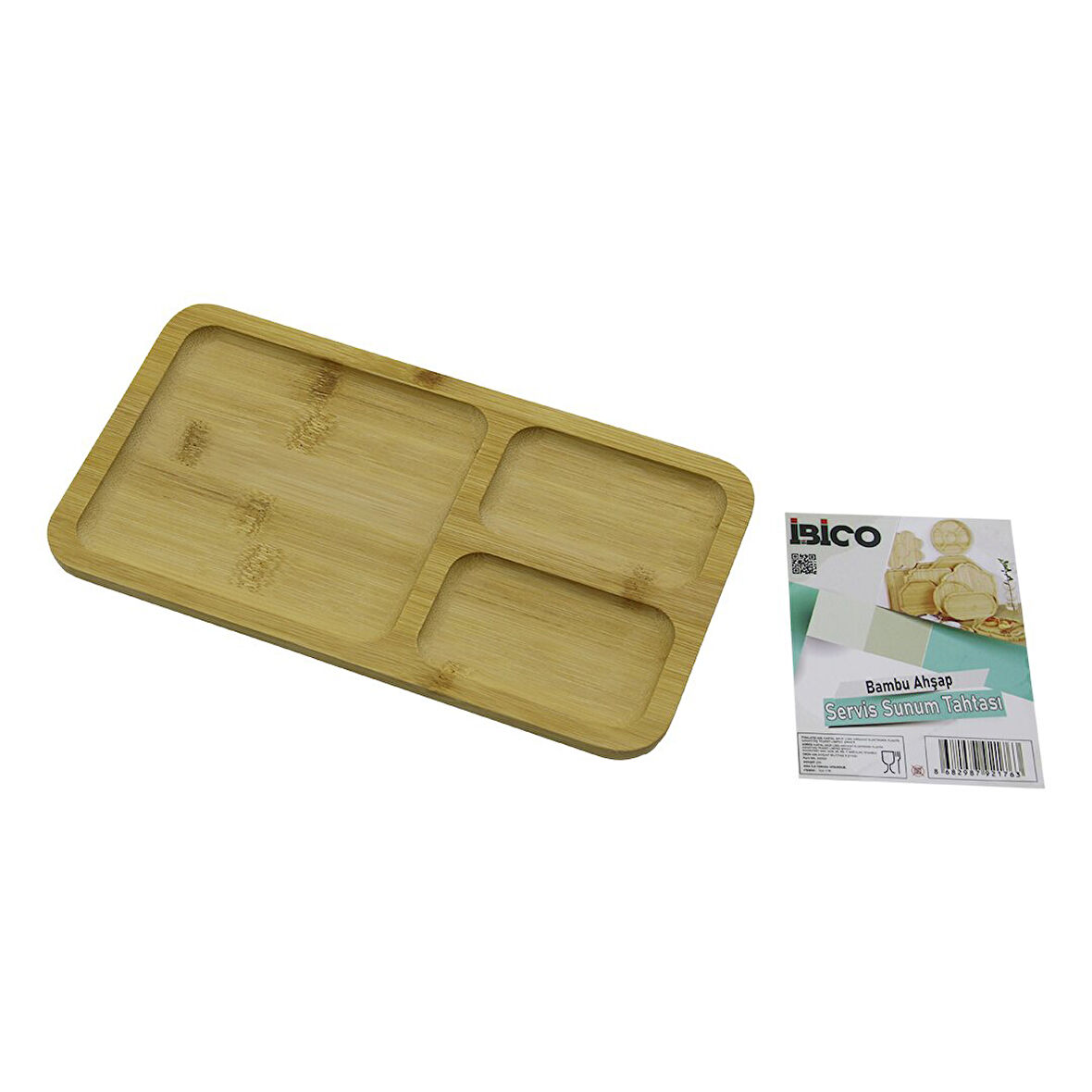 DİKDÖRTGEN 3 BÖLMELİ=2+1 AHŞAP BAMBU SERVİS SUNUM TEPSİ - TAHTASI 24.8 X 13.8 X 1.4CM (5060)