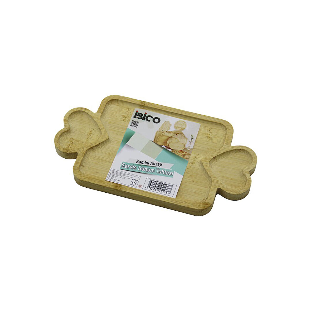 DİKDÖRTGEN 3 BÖLMELİ=2İN1 KALP KULP - BÖLME + 1 AHŞAP BAMBU SERVİS SUNUM TEPSİ - TAHTASI 25 X 14 X 1.4CM (5060)