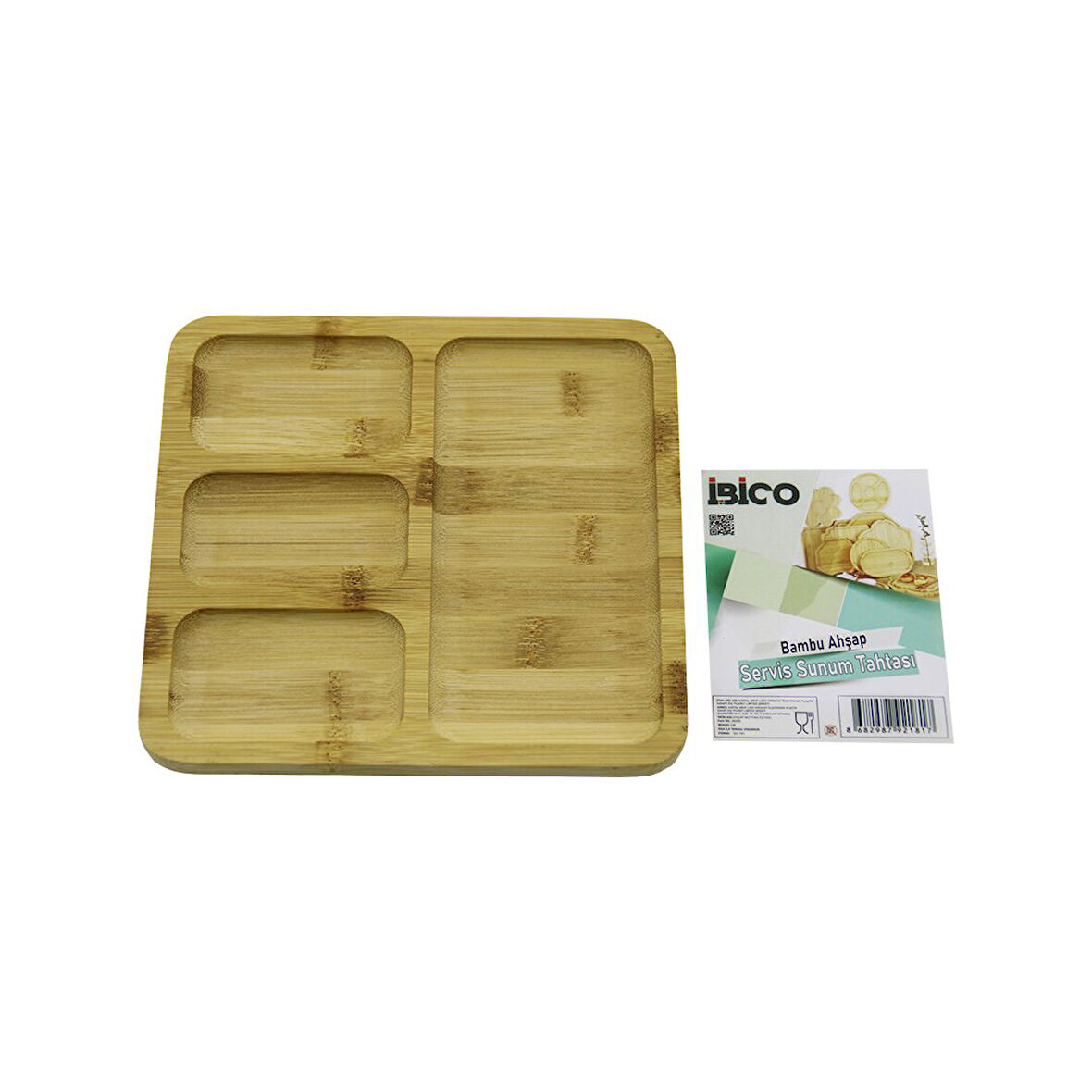 KARE 4 BÖLMELİ=3+1 AHŞAP BAMBU SERVİS SUNUM TEPSİ - TAHTASI 20 X 20 X 1.4CM (5060)