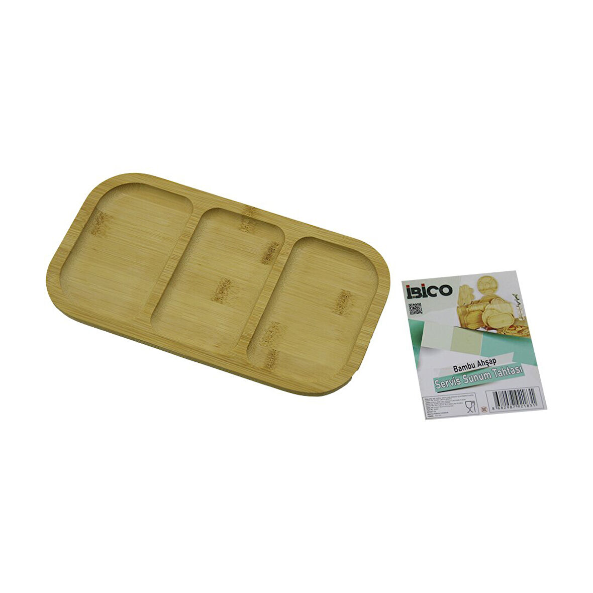 DİKDÖRTGEN 3 BÖLMELİ=2+1 AHŞAP BAMBU SERVİS SUNUM TEPSİ - TAHTASI 25 X 14 X 1.4CM (5060)