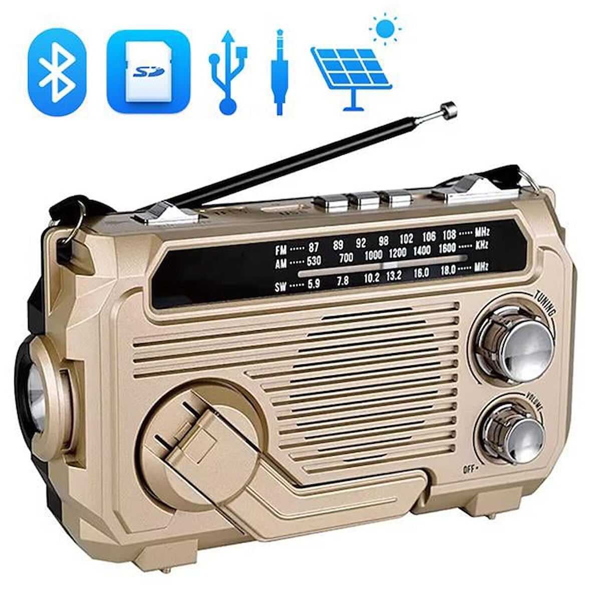 Puxing PX-777 Portatif Analog Radyo FM-USB-SD-AUX-Bluetooth Lityum Pilli Solar Güneş Panelli (5060)