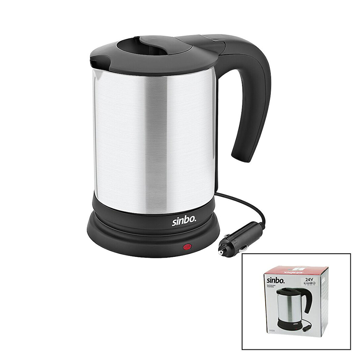 SİNBO SK-8034 24V ARAÇ İÇİ KETTLE PASLANMAZ ÇELİK SU ISITICISI 0.8LT  200W  ÇAKMAKLIK FİŞLİ  PLASTİK KAPAK - KULP (5060)