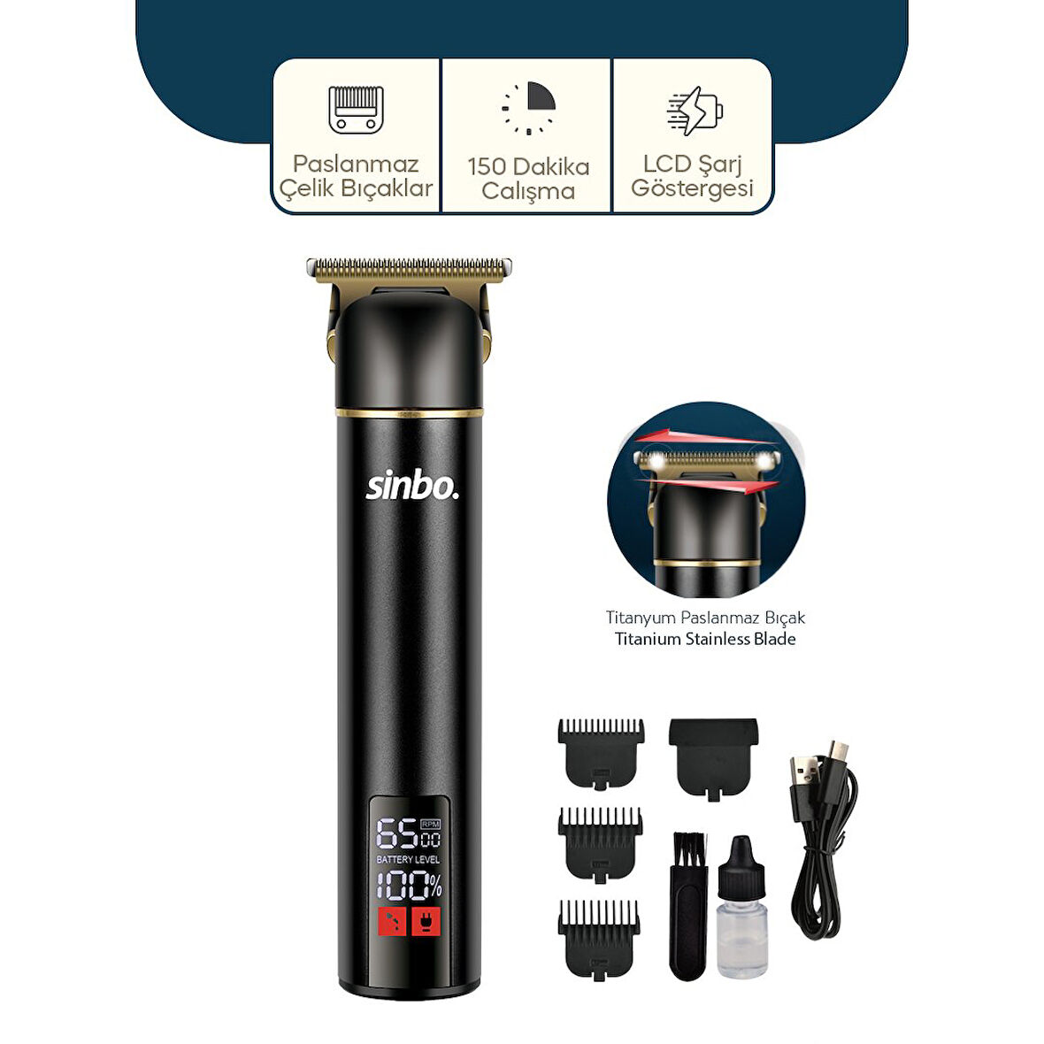 USB ŞARJLI - LCD GÖSTERGELİ SAÇ - SAKAL KESME TRAŞ MAKİNESİ ALÜMİNYUM ALAŞIMLI GÖVDE SHC-1907 (5060)