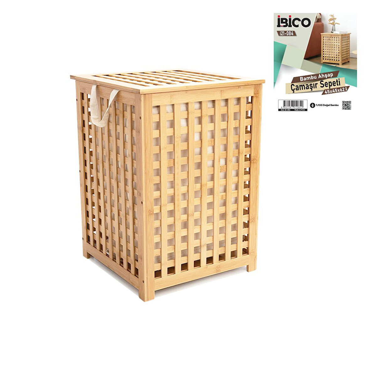 AHŞAP BAMBU KİRLİ ÇAMAŞIR SEPET KUMAŞ ÇANTALI  SEPET=45X45X62CM (5060)